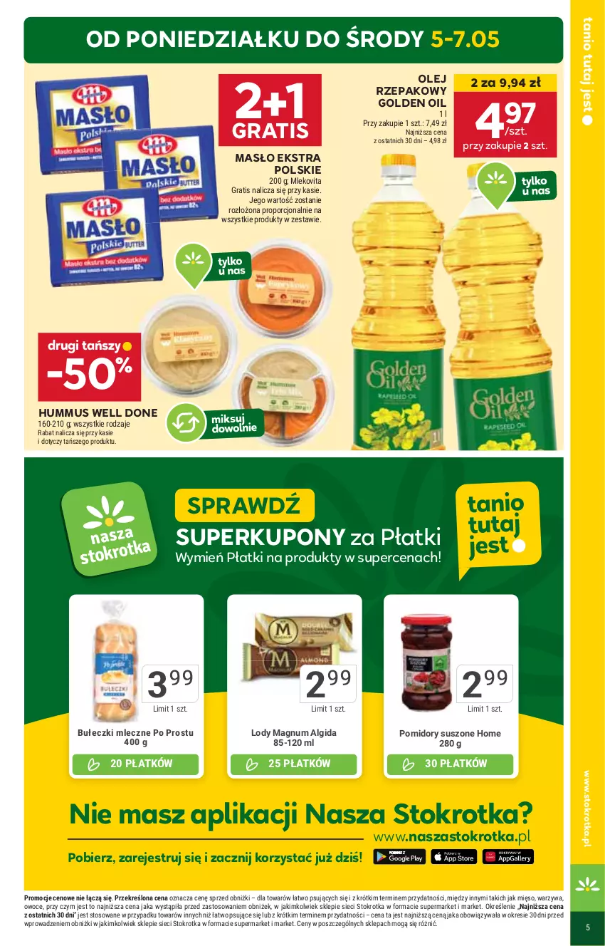 Gazetka promocyjna Stokrotka - Supermarket - ważna 29.04 do 07.05.2025 - strona 5 - produkty: Algida, Bułeczki, Bułeczki mleczne, Gra, Hummus, LG, Lody, Masło, Mięso, Mleko, Mlekovita, Mus, Olej, Olej rzepakowy, Owoce, Pomidory, Por, Warzywa
