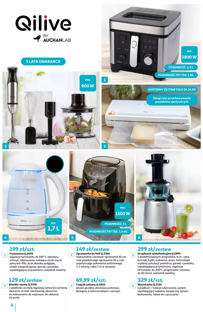 Gazetka promocyjna Auchan - Qilive Hipermarkety - ważna 01.09 do 30.09.2022 - strona 4 - produkty: Blender, Blender ręczny, Czajnik, Fa, Frytki, Garnek, Gra, Grzałka, Kurczak, Majonez, Nuty, Piec, Pizza, Pokrywa, Pur, Rama, Ryba, Termos, Top, Urządzenie wielofunkcyjne, Warka, Wołowina, Wyciskarka