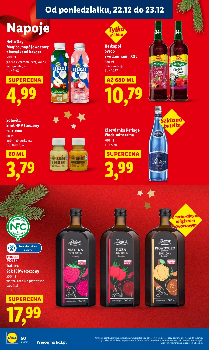 Gazetka promocyjna Lidl - GAZETKA - ważna 22.12 do 23.12.2025 - strona 52 - produkty: Cisowianka, Herbapol, HP, Imbir, Kawa, Kokos, Kurkuma, LANA, Liczi, Mango, Napój, Napoje, Pigwowiec, Róża, Sok, Syrop, Woda, Woda mineralna