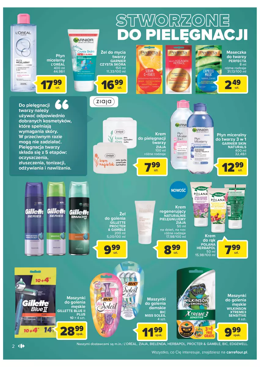 Gazetka promocyjna Carrefour - Gazetka Poczuj się kwitnąco na wiosnę - ważna 15.03 do 26.03.2022 - strona 2 - produkty: BIC, Bielenda, Garnier, Gillette, Herbapol, Krem regenerujący, LANA, LEGO, Mach3, Perfecta, Ser, Ziaja