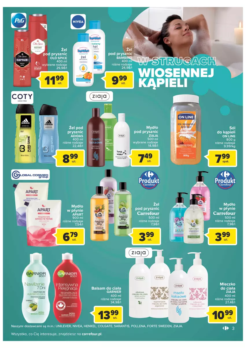 Gazetka promocyjna Carrefour - Gazetka Poczuj się kwitnąco na wiosnę - ważna 15.03 do 26.03.2022 - strona 3 - produkty: Balsam do ciała, Body, Colgate, Garnier, LG, Mleczko, Mleczko do ciała, Mydło, Nivea, Old Spice, Ziaja