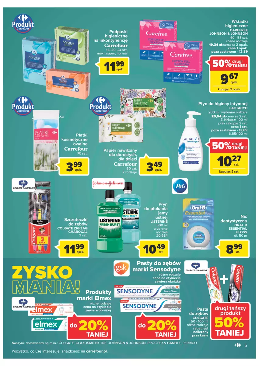 Gazetka promocyjna Carrefour - Gazetka Poczuj się kwitnąco na wiosnę - ważna 15.03 do 26.03.2022 - strona 5 - produkty: Carefree, Colgate, Dzieci, Elmex, Fa, Kosz, Lactacyd, LG, Palmolive, Papier, Pasta do zębów, Płatki kosmetyczne, Płyn do higieny intymnej, Płyn do płukania, Podpaski, Sensodyne, Wkładki