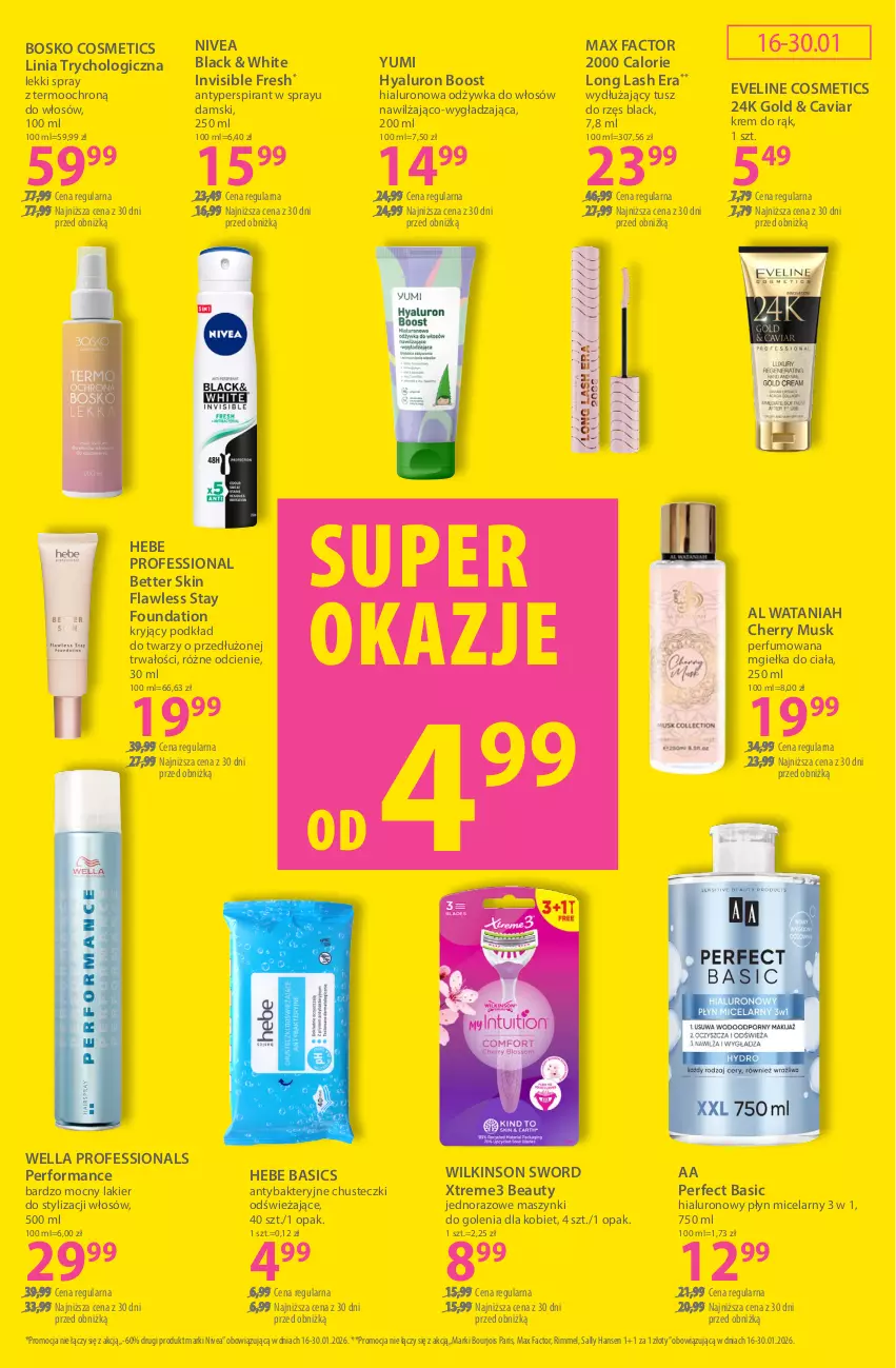 Gazetka promocyjna Hebe - Gazetka - ważna 16.01 do 30.01.2026 - strona 15 - produkty: Antyperspirant, Bourjois, Chusteczki, Eveline, Fa, Foundation, Krem do rąk, Lack, Lakier, Max Factor, Mus, Nivea, Odżywka, Perfum, Płyn micelarny, Podkład, Podkład do twarzy, Sally Hansen, Tusz, Wella, Wilkinson Sword