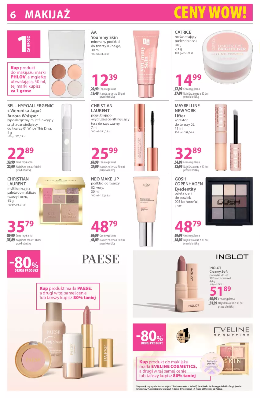 Gazetka promocyjna Hebe - Gazetka - ważna 16.01 do 30.01.2026 - strona 6 - produkty: Bell, Bell HypoAllergenic, Catrice, Eveline, Gosh, Korektor do twarzy, Laur, Makijaż, Maybelline, PAESE, Paleta, Podkład, Podkład do twarzy, Puder, Tusz