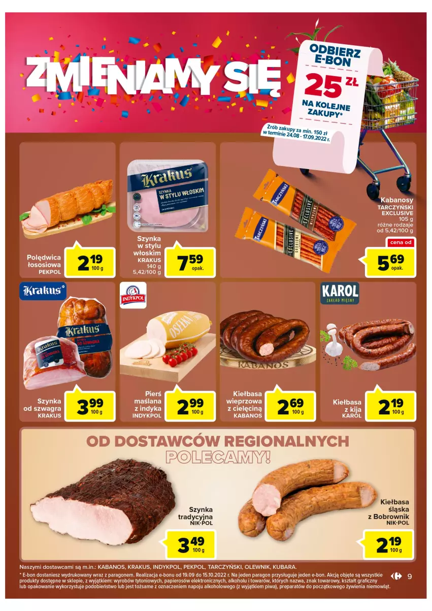 Gazetka promocyjna Carrefour - Gazetka Zmieniamy się Carrefour Kalisz - ważna 24.08 do 29.08.2022 - strona 9 - produkty: Gra, Kabanos, Kiełbasa, Krakus, LANA, Olej, Olewnik, Papier, Pekpol, Piwa, Polędwica, Sos, Szynka, Tarczyński