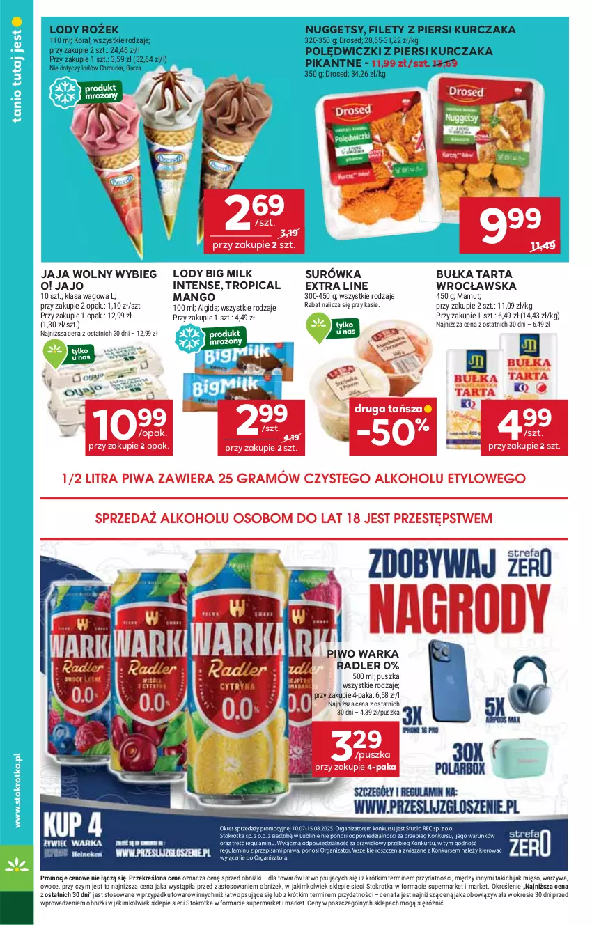 Gazetka promocyjna Stokrotka - Market - ważna 10.07 do 16.07.2025 - strona 16 - produkty: Algida, Big Milk, Bułka, Bułka tarta, Jaja, Kurczak, LG, Lody, Mango, Mięso, Owoce, Piwo, Radler, Surówka, Tarta, Tropical, Warka, Warzywa