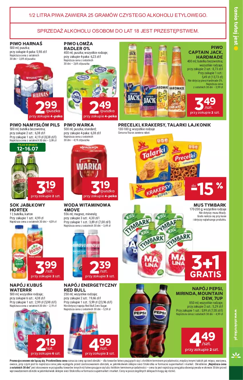 Gazetka promocyjna Stokrotka - Market - ważna 10.07 do 16.07.2025 - strona 17 - produkty: 7up, Captain Jack, Gra, Harnaś, Hortex, Krakersy, Kubuś, Kubuś Waterrr, Lajkonik, Magnez, Mięso, Mirinda, Mus, Namysłów, Napój, Napój energetyczny, Owoce, Pepsi, Piwa, Piwo, Precelki, Radler, Red Bull, Sok, Sok jabłkowy, Tymbark, Warka, Warzywa, Woda