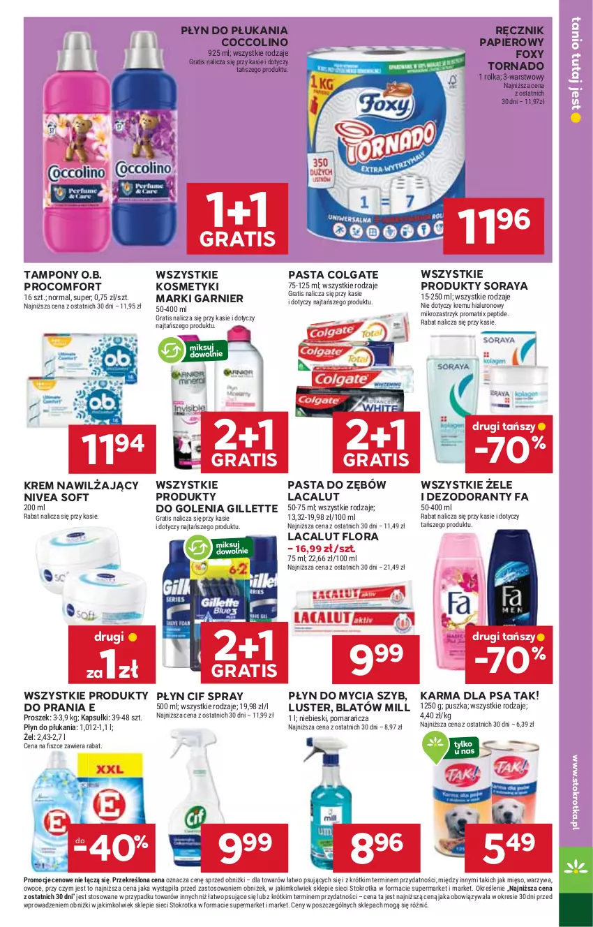 Gazetka promocyjna Stokrotka - Market - ważna 10.07 do 16.07.2025 - strona 21 - produkty: Cif, Coccolino, Colgate, Dezodorant, Fa, Flora, Foxy, Garnier, Gillette, Gra, Krem nawilżający, Lacalut, LG, Mięso, Nivea, O.B., Owoce, Papier, Pasta do zębów, Płyn do mycia, Płyn do płukania, Ręcznik, Tampony, Warzywa