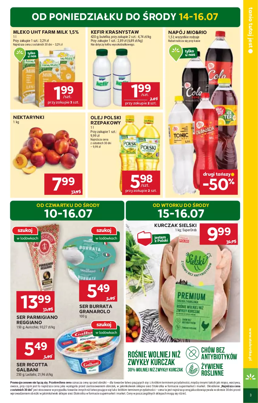 Gazetka promocyjna Stokrotka - Market - ważna 10.07 do 16.07.2025 - strona 3 - produkty: Burrata, Fa, Farm Milk, Galbani, Gra, Kefir, Kurczak, Mięso, Mleko, Napój, Nektar, Olej, Owoce, Ricotta, Ser, Sok, Warzywa