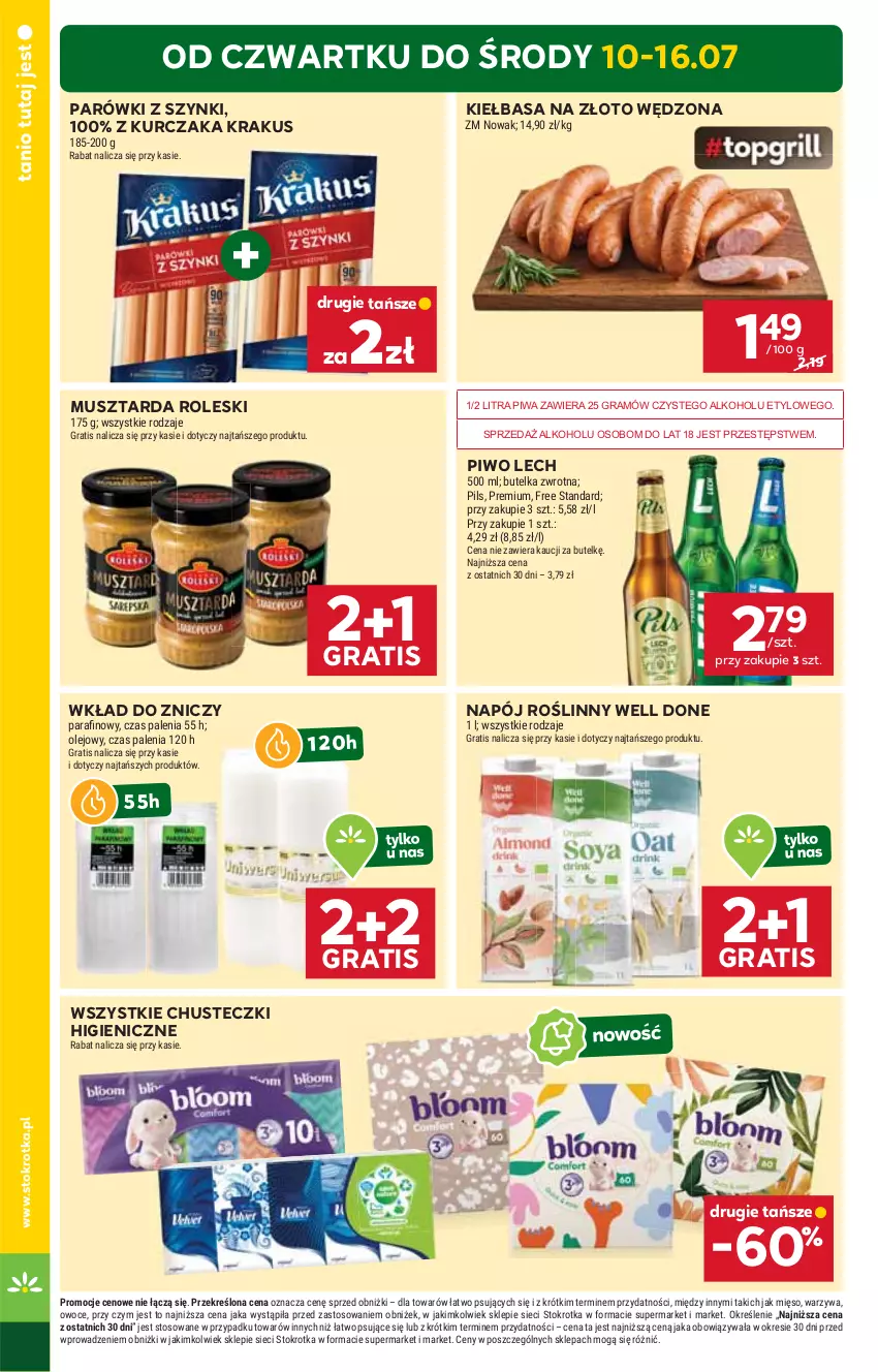 Gazetka promocyjna Stokrotka - Market - ważna 10.07 do 16.07.2025 - strona 4 - produkty: Chusteczki, Gra, Kiełbasa, Krakus, Kurczak, Mięso, Mus, Musztarda, Napój, Napój roślinny, NOWAK, Olej, Owoce, Parówki, Parówki z szynki, Piwa, Piwo, Warzywa, Znicz