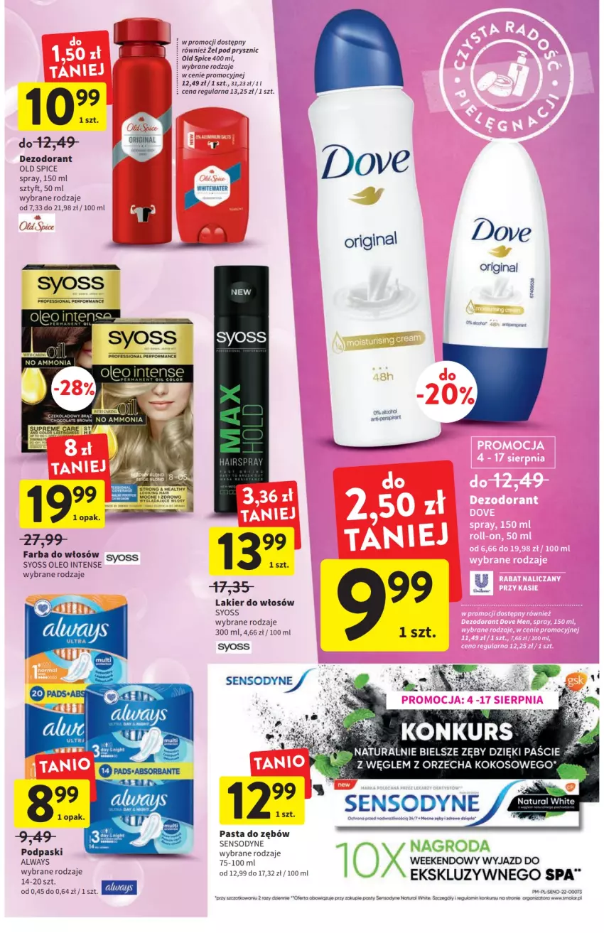 Gazetka promocyjna Intermarche - ważna 04.08 do 10.08.2022 - strona 33 - produkty: Always, Dezodorant, Dove, Fa, Farba do włosów, Gin, Kokos, Lakier, Lakier do włosów, Old Spice, Oleo, Pasta do zębów, Podpaski, Sensodyne, Syoss