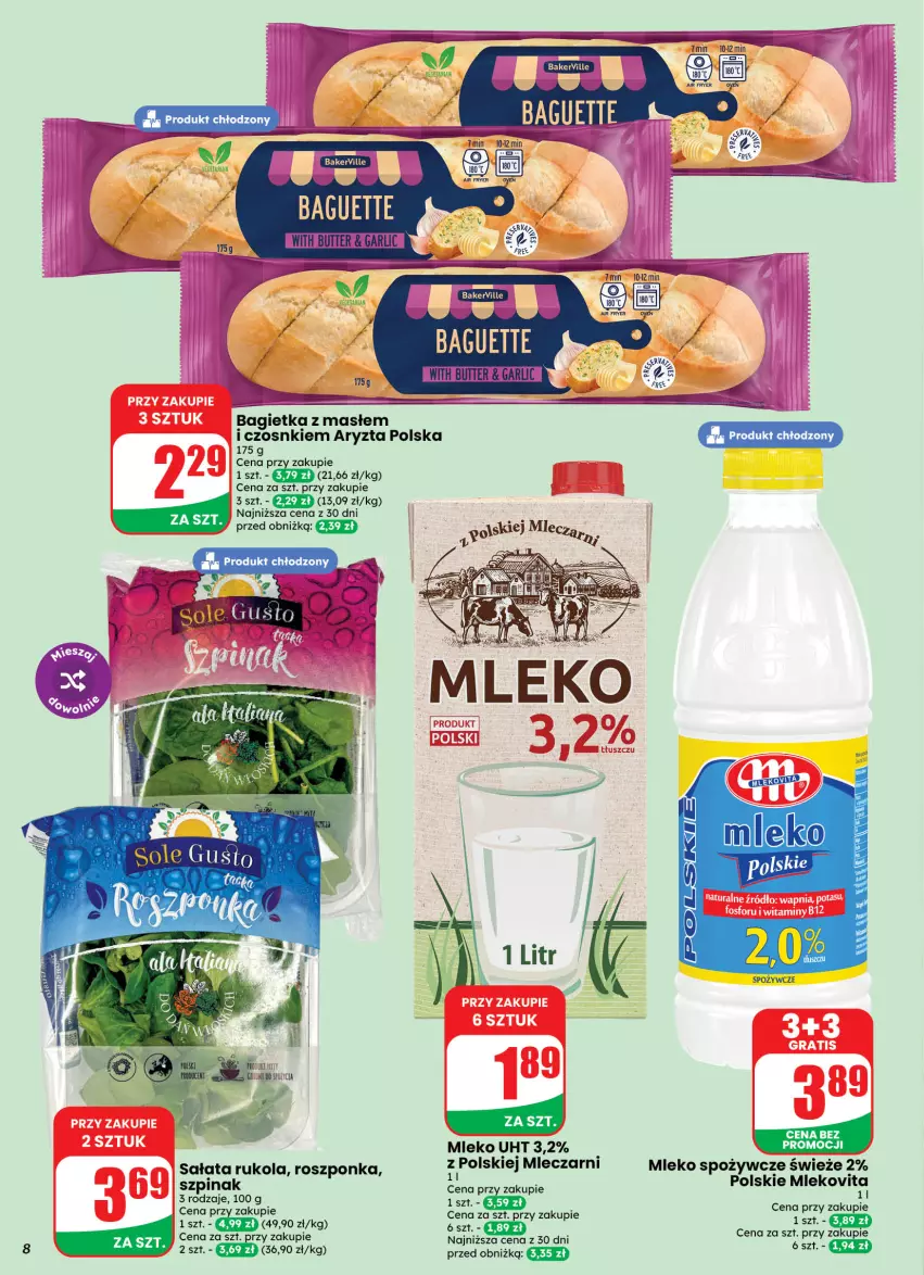 Gazetka promocyjna Dino - Weekendowe okazje - ważna 21.08 do 22.08.2026 - strona 8 - produkty: Bagietka, Miecz, Mleko, Mlekovita, O Bag, Roszponka, Rukola, Sałat, Szpinak