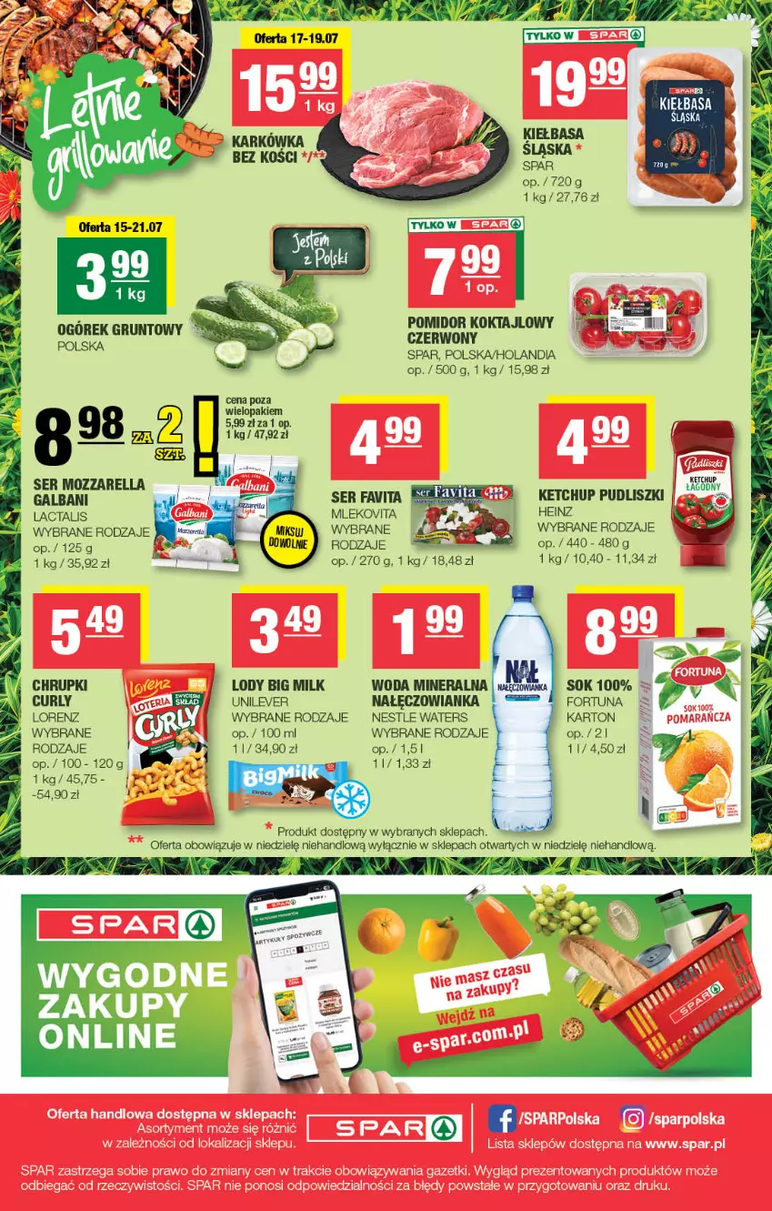 Gazetka promocyjna Spar - Spar - ważna 15.07 do 26.07.2026 - strona 8 - produkty: Big Milk, Chrupki, Fa, Favita, Fortuna, Galbani, Heinz, Ketchup, Kiełbasa, Lody, Lorenz, Mleko, Mlekovita, Nałęczowianka, Pudliszki, Ser, Sok, Woda, Woda mineralna