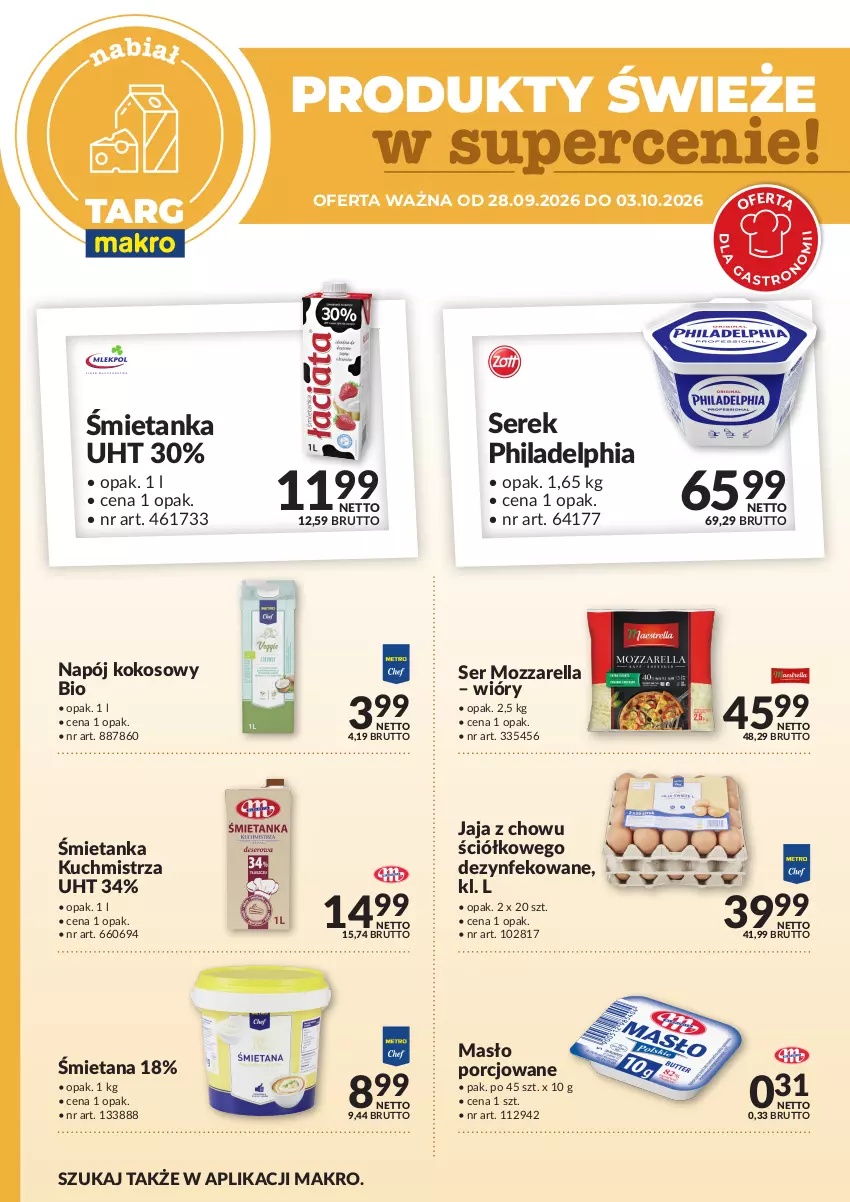Gazetka promocyjna Makro - Targ MAKRO - oferta świeża w super cenach! - ważna 28.09 do 03.10.2026 - strona 3 - produkty: Jaja, Kokos, Masło, Mozzarella, Napój, Philadelphia, Por, Ser, Serek