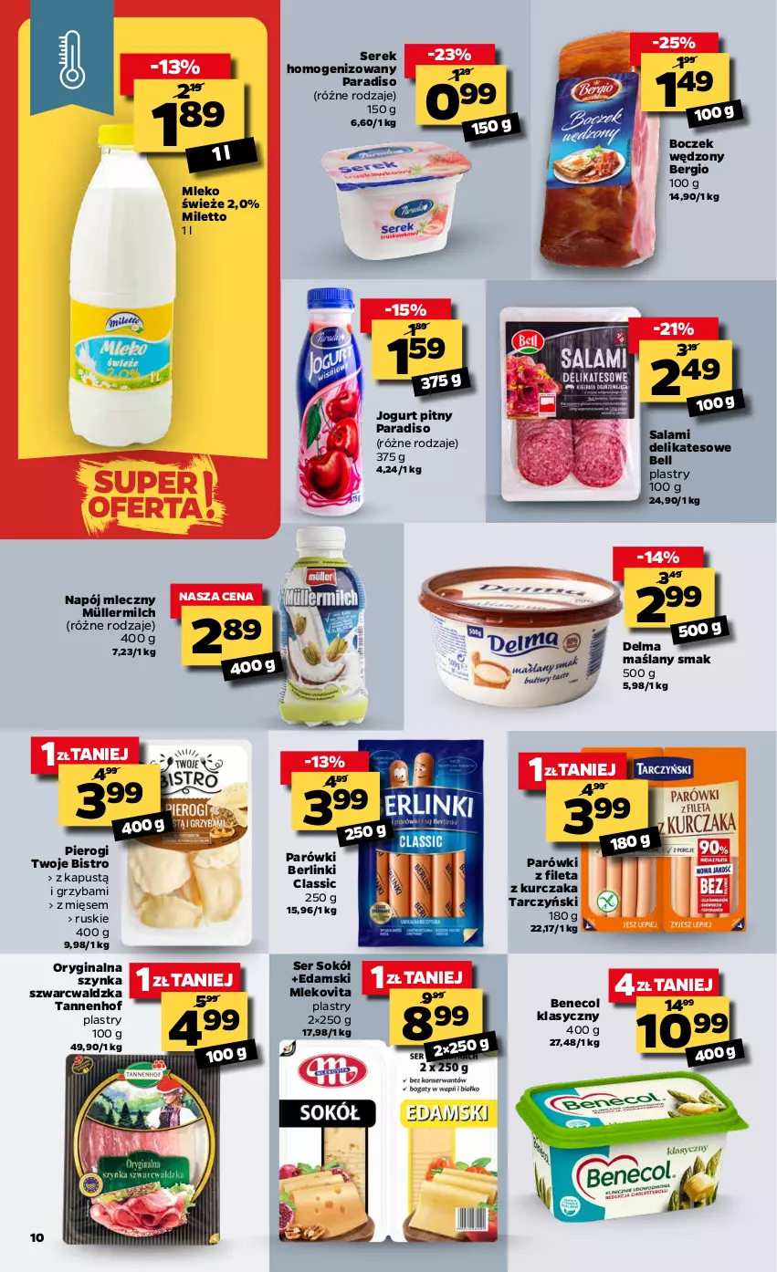 Gazetka promocyjna Netto - Oferta tygodnia - ważna 22.02 do 27.02.2021 - strona 10 - produkty: Bell, Benecol, Berlinki, Boczek, Delma, Edam, Gin, Jogurt, Jogurt pitny, Kapustą, Kurczak, Mleko, Mlekovita, Müller, Müllermilch, Napój, Napój mleczny, Parówki, Pierogi, Salami, Ser, Serek, Serek homogenizowany, Sok, Sokół, Szynka, Tarczyński