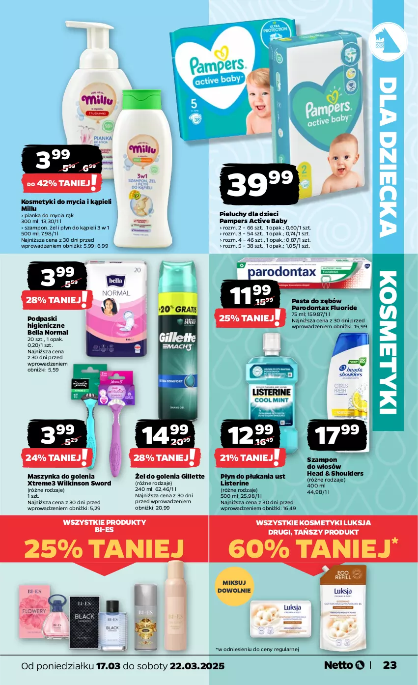 Gazetka promocyjna Netto - Od Poniedziałku - ważna 17.03 do 22.03.2025 - strona 23 - produkty: Bell, Bella, Dzieci, Gillette, Listerine, Luksja, Maszynka, Maszynka do golenia, Pampers, Parodontax, Pasta do zębów, Pieluchy, Płyn do kąpieli, Płyn do płukania, Podpaski, Szampon, Szynka, Wilkinson Sword