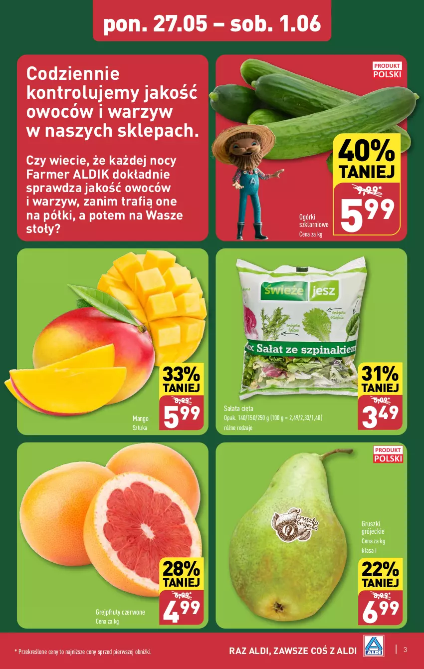 Gazetka promocyjna Aldi - Farmer ALDIK poleca świeże owoce i warzywa - ważna 27.05 do 01.06.2024 - strona 3 - produkty: Fa, Grejpfrut, Gruszki, Mango, Sałat