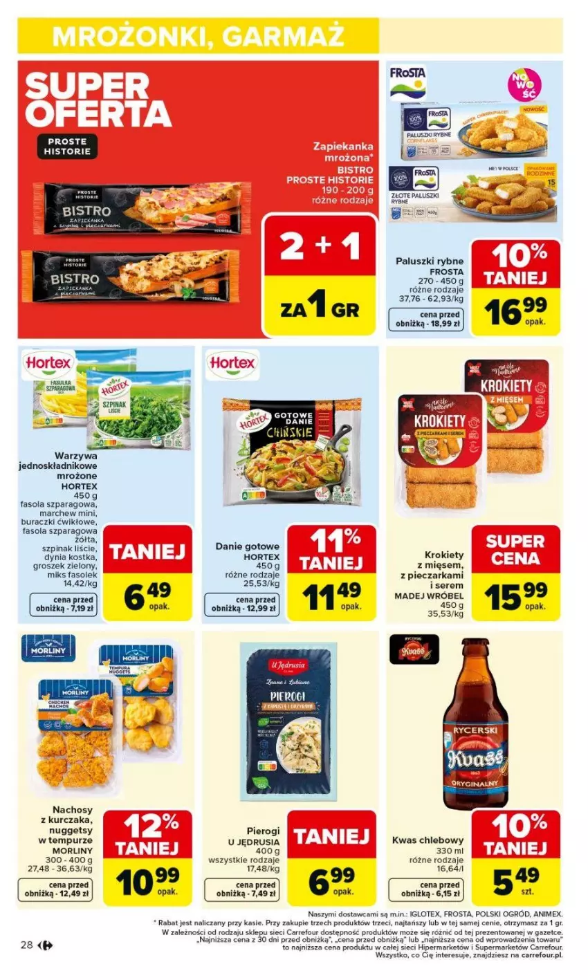 Gazetka promocyjna Carrefour - Gazetka Carrefour, Market od poniedziałku! - ważna 09.02 do 14.02.2026 - strona 30 - produkty: Buraczki, Chleb, Danie gotowe, Fa, Fasola, Fasola szparagowa, Frosta, Groszek, Hortex, Krokiety, Kurczak, Madej Wróbel, Morliny, Ogród, Paluszki rybne, Piec, Pieczarka, Pierogi, Pur, Ser, Szpinak