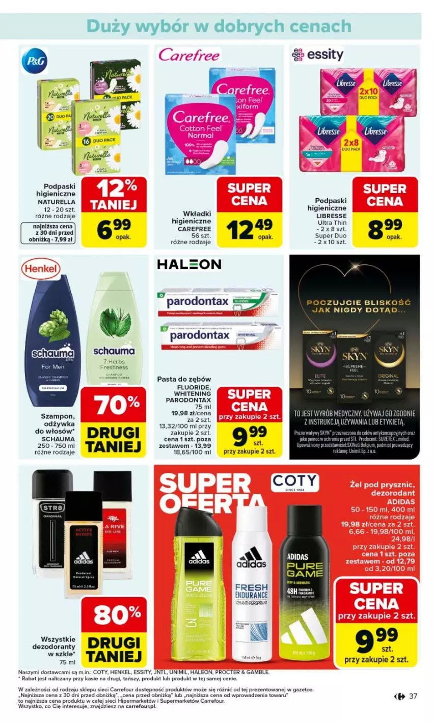 Gazetka promocyjna Carrefour - Gazetka Carrefour, Market od poniedziałku! - ważna 09.02 do 14.02.2026 - strona 39 - produkty: Adidas, Carefree, Jaja, Leon, Naturell, Naturella, Odżywka, Parodontax, Pasta do zębów, Podpaski, Pur, Ryż, Schauma, Szampon, Unimil, Wkładki