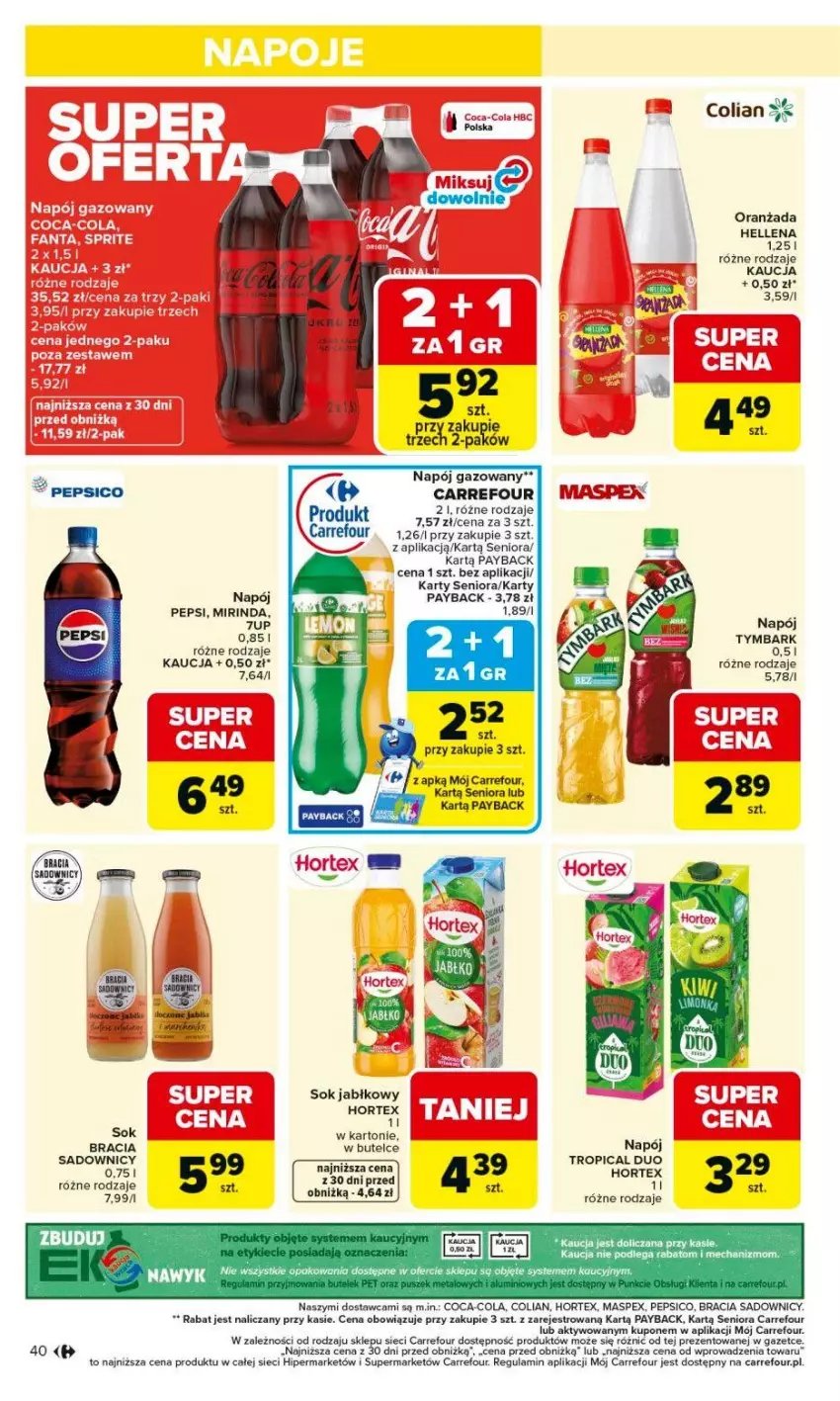 Gazetka promocyjna Carrefour - Gazetka Carrefour, Market od poniedziałku! - ważna 09.02 do 14.02.2026 - strona 42 - produkty: 7up, Coca-Cola, Hellena, Hortex, Mirinda, Napój, Napój gazowany, Oranżada, Pepsi, Sok, Sok jabłkowy, Sprite, Tymbark