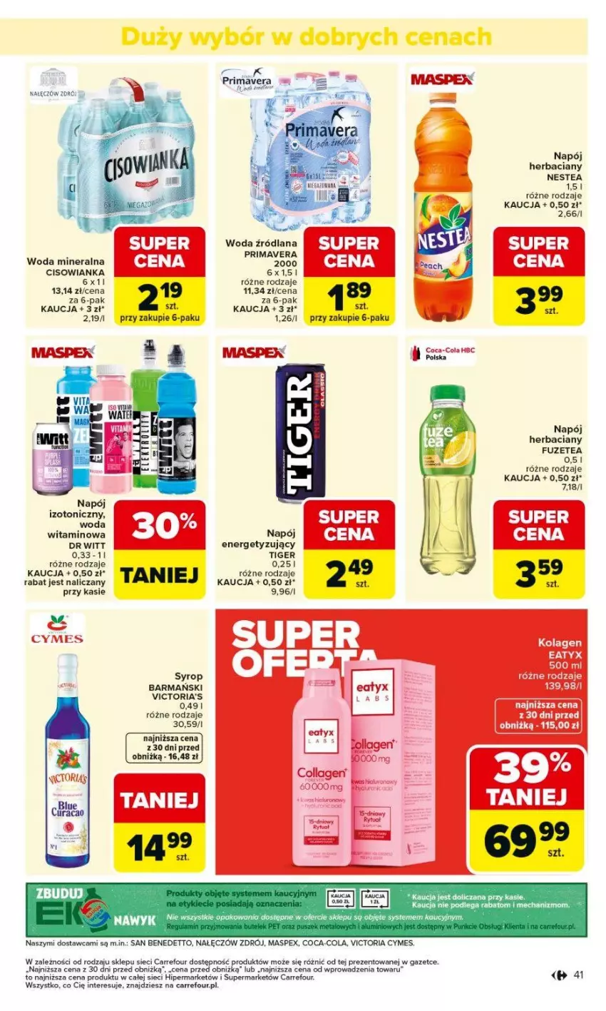 Gazetka promocyjna Carrefour - Gazetka Carrefour, Market od poniedziałku! - ważna 09.02 do 14.02.2026 - strona 43 - produkty: Cisowianka, Coca-Cola, Kolagen, LANA, Napój, Napój izotoniczny, Nestea, Prima, Primavera, Syrop, Tiger, Woda, Woda mineralna