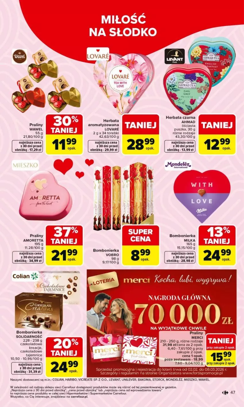 Gazetka promocyjna Carrefour - Gazetka Carrefour, Market od poniedziałku! - ważna 09.02 do 14.02.2026 - strona 49 - produkty: Bakoma, Fa, Haribo, Herbata, Herbata czarna, Merci, Milka, Praliny, Wawel