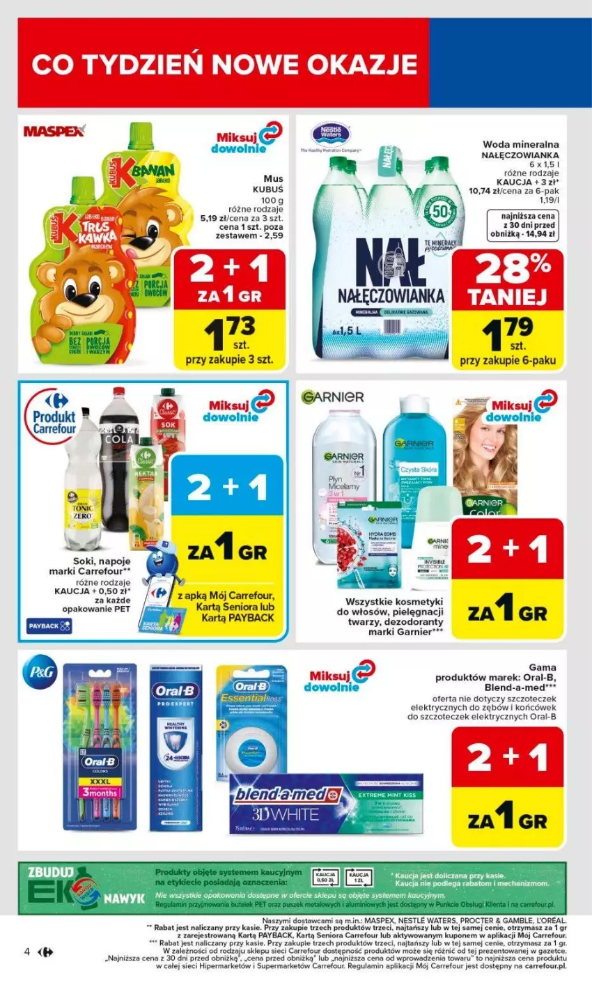 Gazetka promocyjna Carrefour - Gazetka Carrefour, Market od poniedziałku! - ważna 09.02 do 14.02.2026 - strona 6 - produkty: Blend-a-Med, Dezodorant, Garnier, Mus, Nałęczowianka, Napoje, Sok, Woda, Woda mineralna