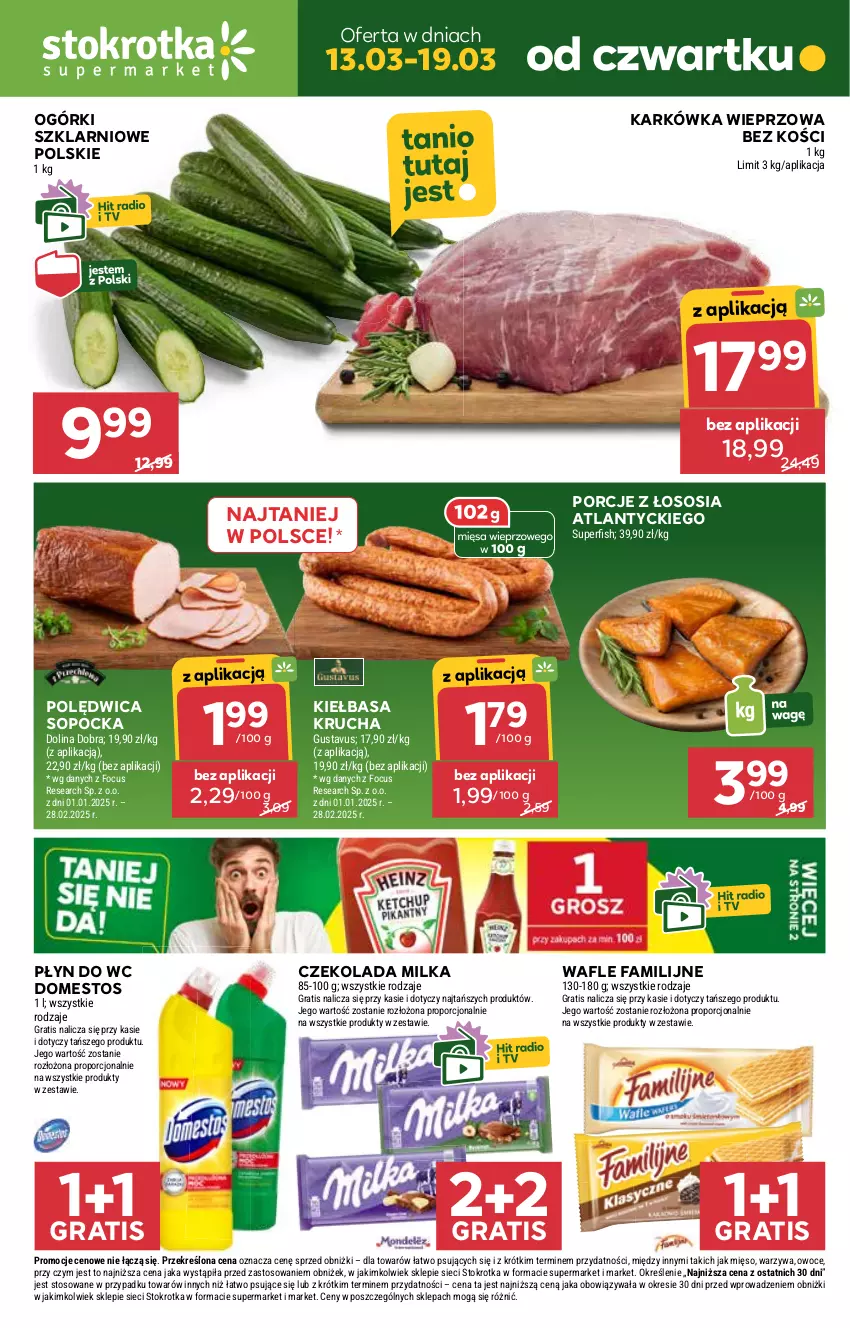 Gazetka promocyjna Stokrotka - Supermarket - ważna 13.03 do 19.03.2025 - strona 1 - produkty: Czekolada, Domestos, Fa, Gra, Karkówka wieprzowa, Kiełbasa, Kiełbasa krucha, Mięso, Milka, Owoce, Płyn do wc, Polędwica, Por, Sos, Wafle, Warzywa