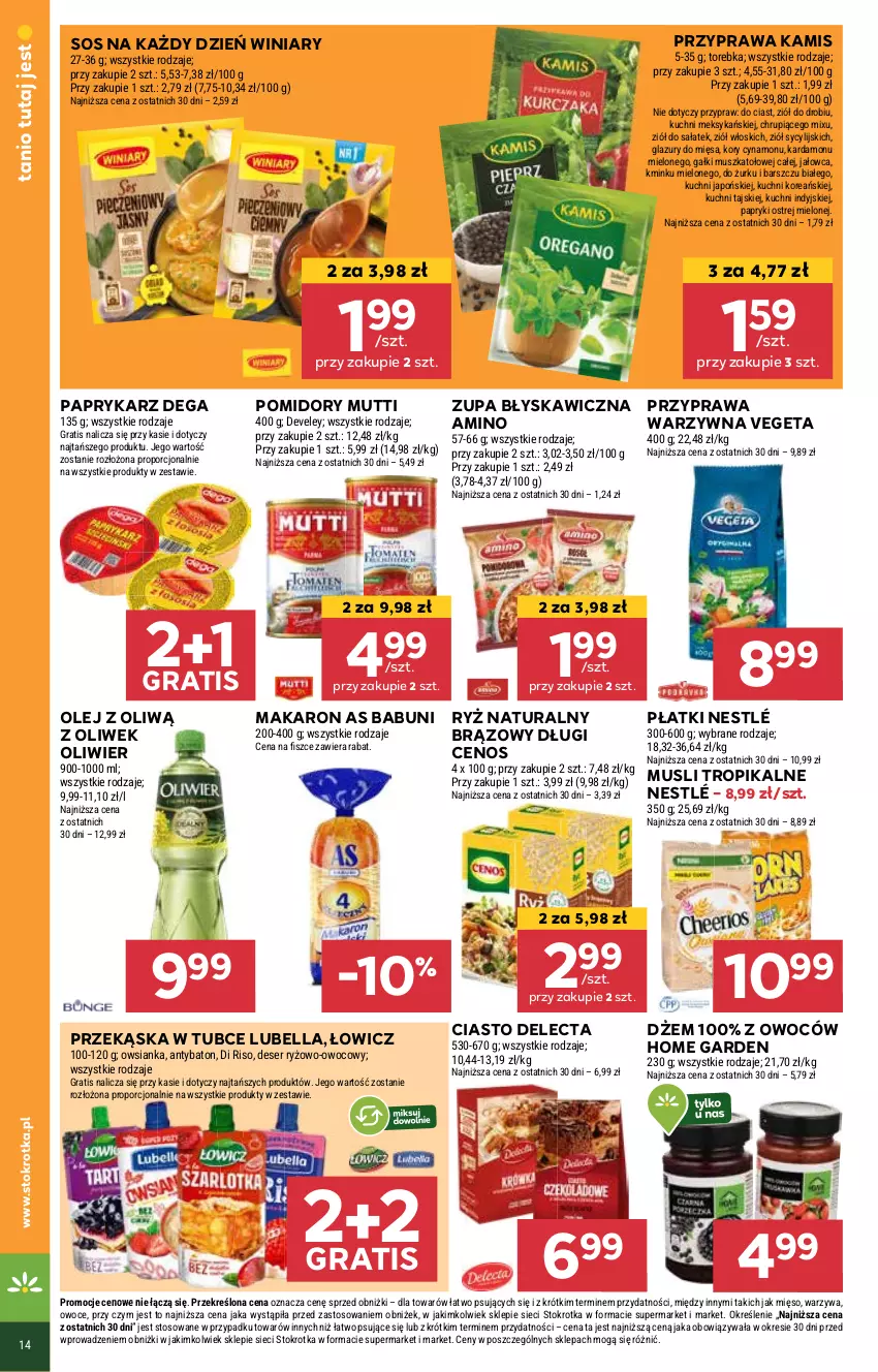 Gazetka promocyjna Stokrotka - Supermarket - ważna 13.03 do 19.03.2025 - strona 14 - produkty: Babuni, Baton, Bell, Bella, Cenos, Dega, Delecta, Deser, Dżem, Gra, Kamis, Lazur, Lubella, Makaron, Mięso, Mus, Nestlé, Olej, Owoce, Owsianka, Papryka, Paprykarz, Pomidory, Por, Ryż, Ryż naturalny, Sałat, Ser, Sos, Torebka, Vegeta, Warzywa, Winiary, Zupa