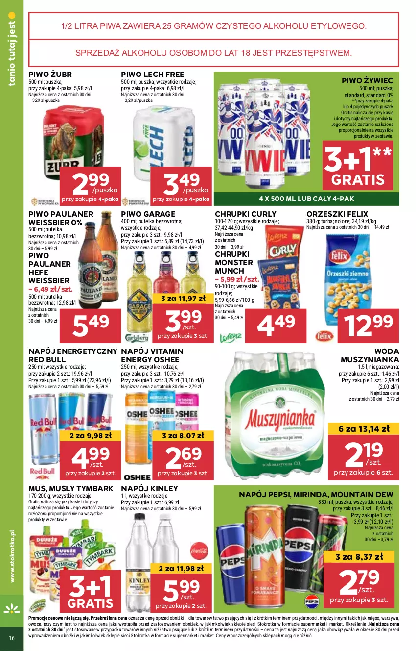 Gazetka promocyjna Stokrotka - Supermarket - ważna 13.03 do 19.03.2025 - strona 18 - produkty: Chrupki, Felix, Gra, Mięso, Mirinda, Monster Munch, Mus, Muszynianka, Napój, Napój energetyczny, Orzeszki, Oshee, Owoce, Pepsi, Piwa, Piwo, Por, Red Bull, Torba, Tymbark, Warzywa, Woda