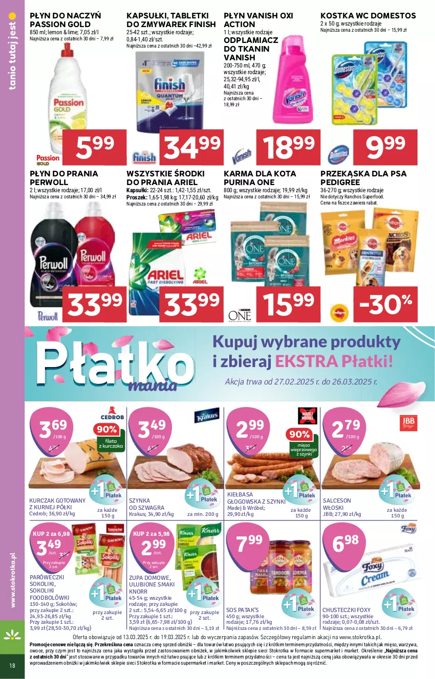 Gazetka promocyjna Stokrotka - Supermarket - ważna 13.03 do 19.03.2025 - strona 20 - produkty: Ariel, Chusteczki, Domestos, Finish, Foxy, Gra, Kiełbasa, Kiełbasa głogowska, Knorr, Krakus, Kurczak, Kurczak gotowany, Mięso, Odplamiacz, Owoce, Pedigree, Perwoll, Płyn do prania, Pur, Purina, Salceson, Sok, Sokołów, Sos, Szynka, Tablet, Vanish, Warzywa, Zupa