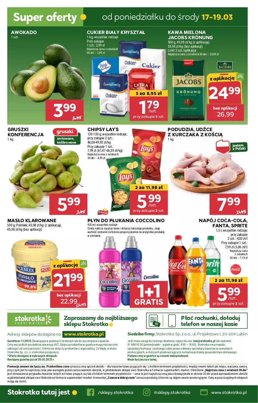 Gazetka promocyjna Stokrotka - Supermarket - ważna 13.03 do 19.03.2025 - strona 26 - produkty: Chipsy, Coca-Cola, Coccolino, Cukier, Dres, Fa, Fanta, Gra, Gruszki, Jacobs, Jacobs Krönung, JBL, Kawa, Kawa mielona, Kurczak, Lay’s, Masło, Masło klarowane, Mięso, Napój, O nas, Owoce, Płyn do płukania, Por, Sprite, Telefon, Wagi, Warzywa