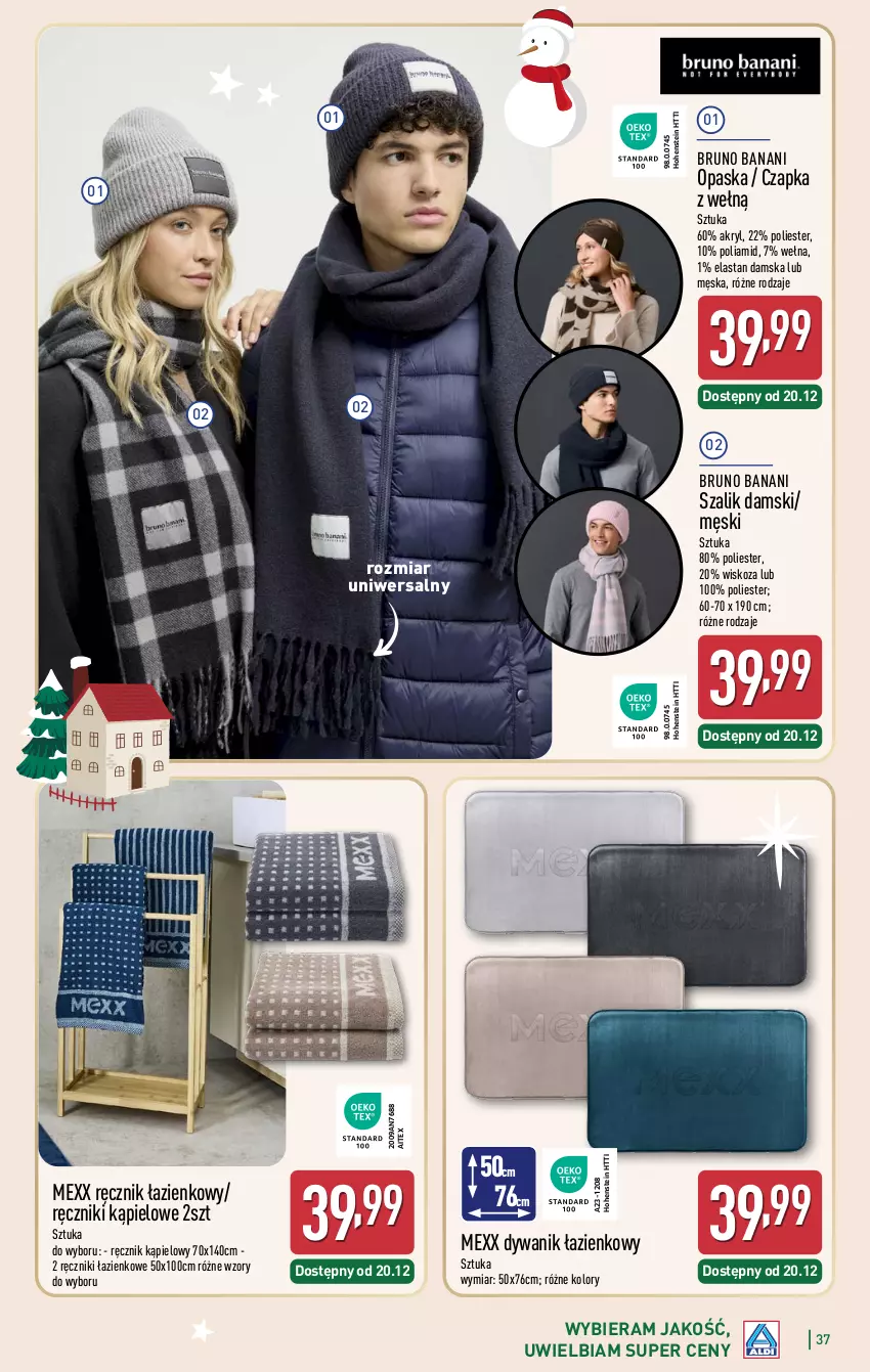 Gazetka promocyjna Aldi - Katalog prezentowy - ważna 03.11 do 23.12.2025 - strona 37 - produkty: Bruno Banani, Czapka, Dywan, Dywanik, Dywanik łazienkowy, Mexx, Opaska, Ręcznik, Ręcznik kąpielowy, Szal, Wełna