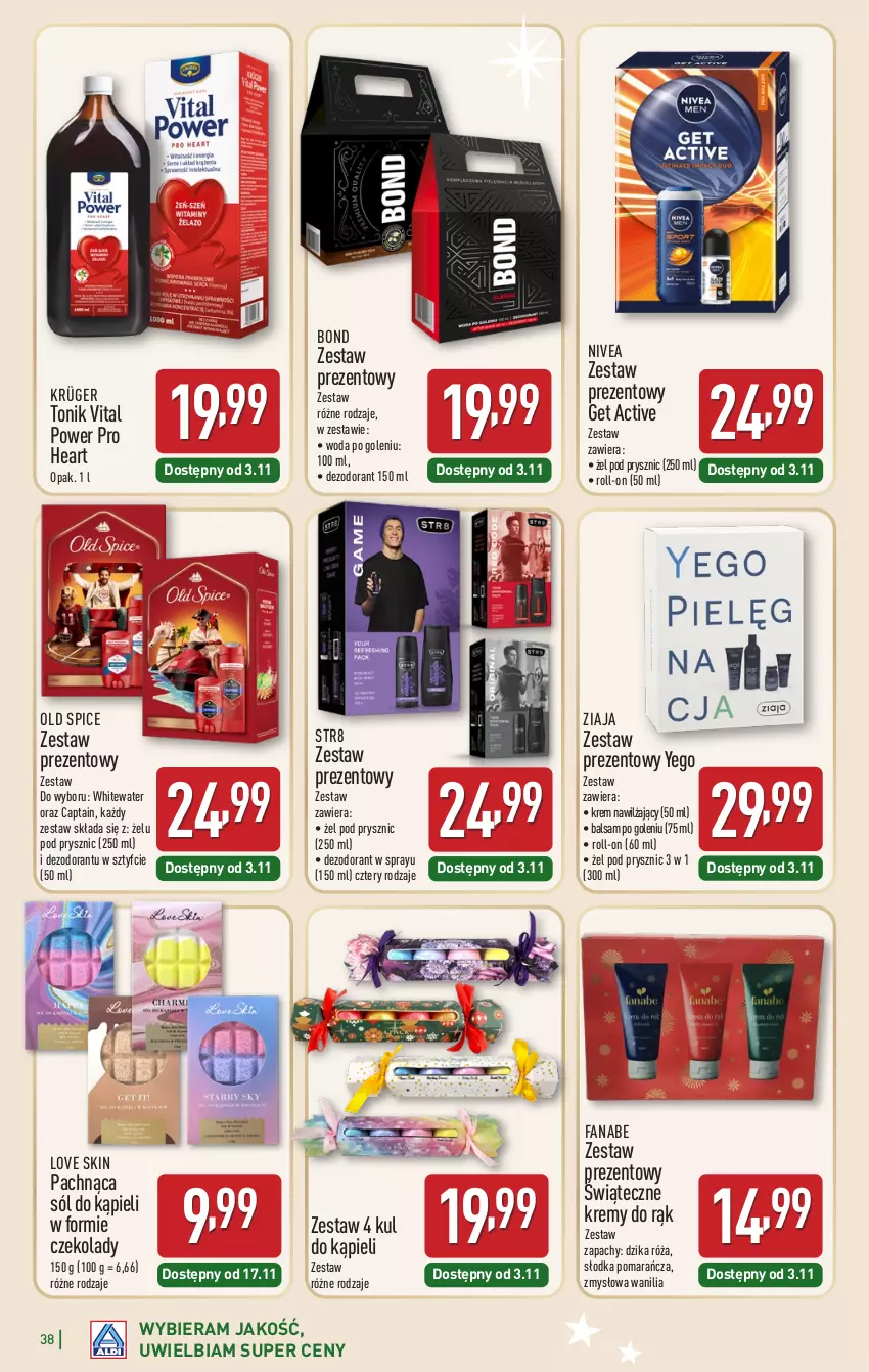 Gazetka promocyjna Aldi - Katalog prezentowy - ważna 03.11 do 23.12.2025 - strona 38 - produkty: Balsam po goleniu, Dezodorant, Dzika róża, Fa, Krem nawilżający, Nivea, Old Spice, Róża, Sól, Sól do kąpieli, Str8, Tonik, Woda, Woda po goleniu, Zestaw prezentowy, Ziaja
