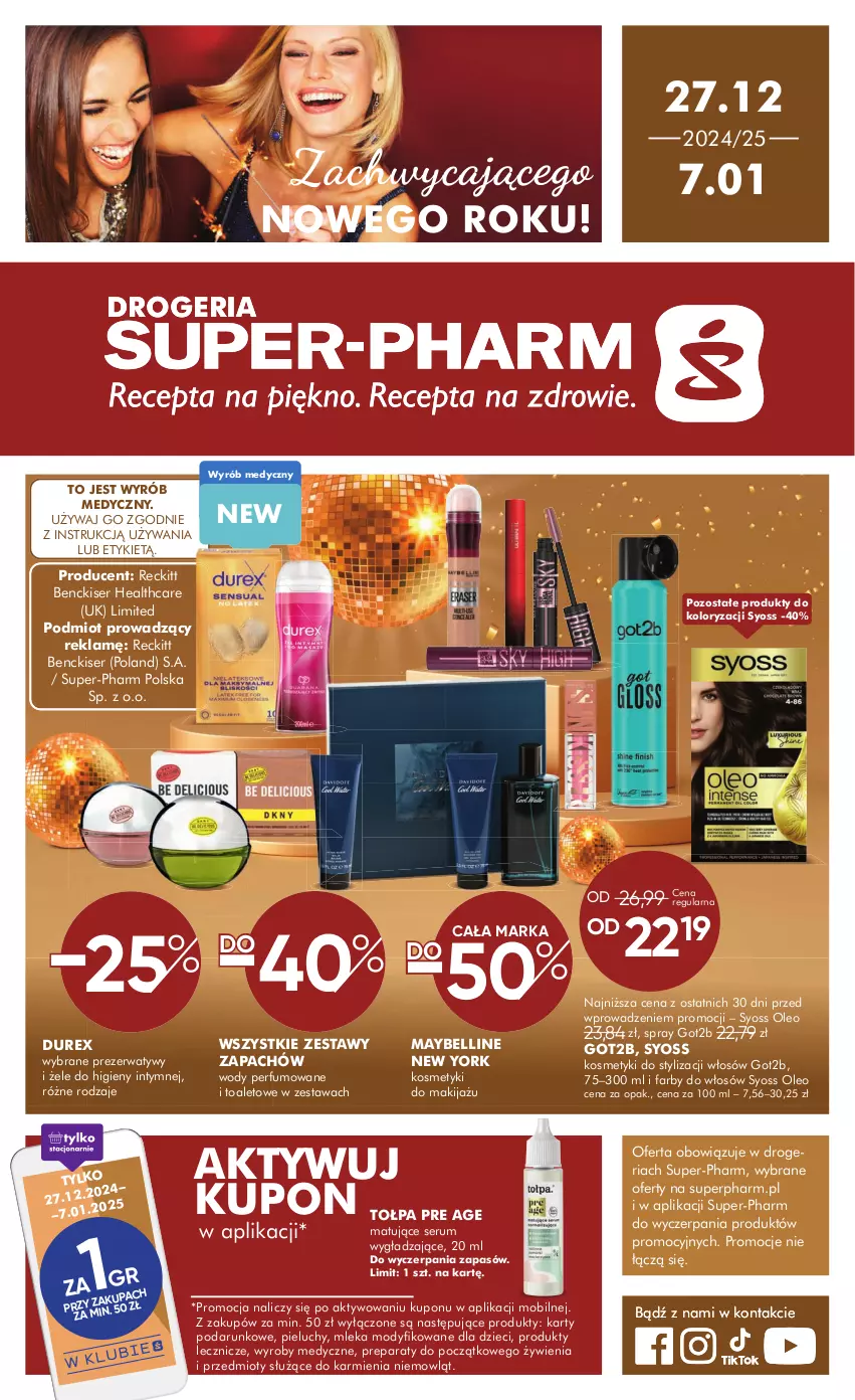 Gazetka promocyjna Super Pharm - ważna 27.12.2024 do 07.01.2025 - strona 1 - produkty: Bell, Durex, Dzieci, Fa, Got2b, Karmi, Makijaż, Maybelline, Mobil, Oleo, Perfum, Pieluchy, Prezerwatyw, Rum, Ser, Serum, Syoss, Tołpa, Znicz