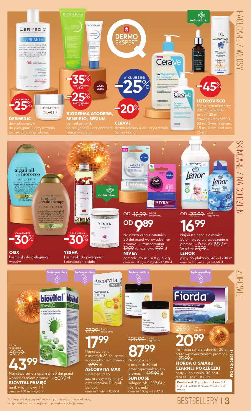 Gazetka promocyjna Super Pharm - ważna 27.12.2024 do 07.01.2025 - strona 3 - produkty: Atoderm, Bioderma, Biovital, CeraVe, Cynk, Dermedic, Fa, Fiorda, Kolagen, Kosmetyki do pielęgnacji, Krem pod oczy, Lenor, Nivea, Pastylki, Phyto, Płyn micelarny, Por, Rum, Ser, Serum, Suplement diety, Tonik, Top, Tran, Zdrowie