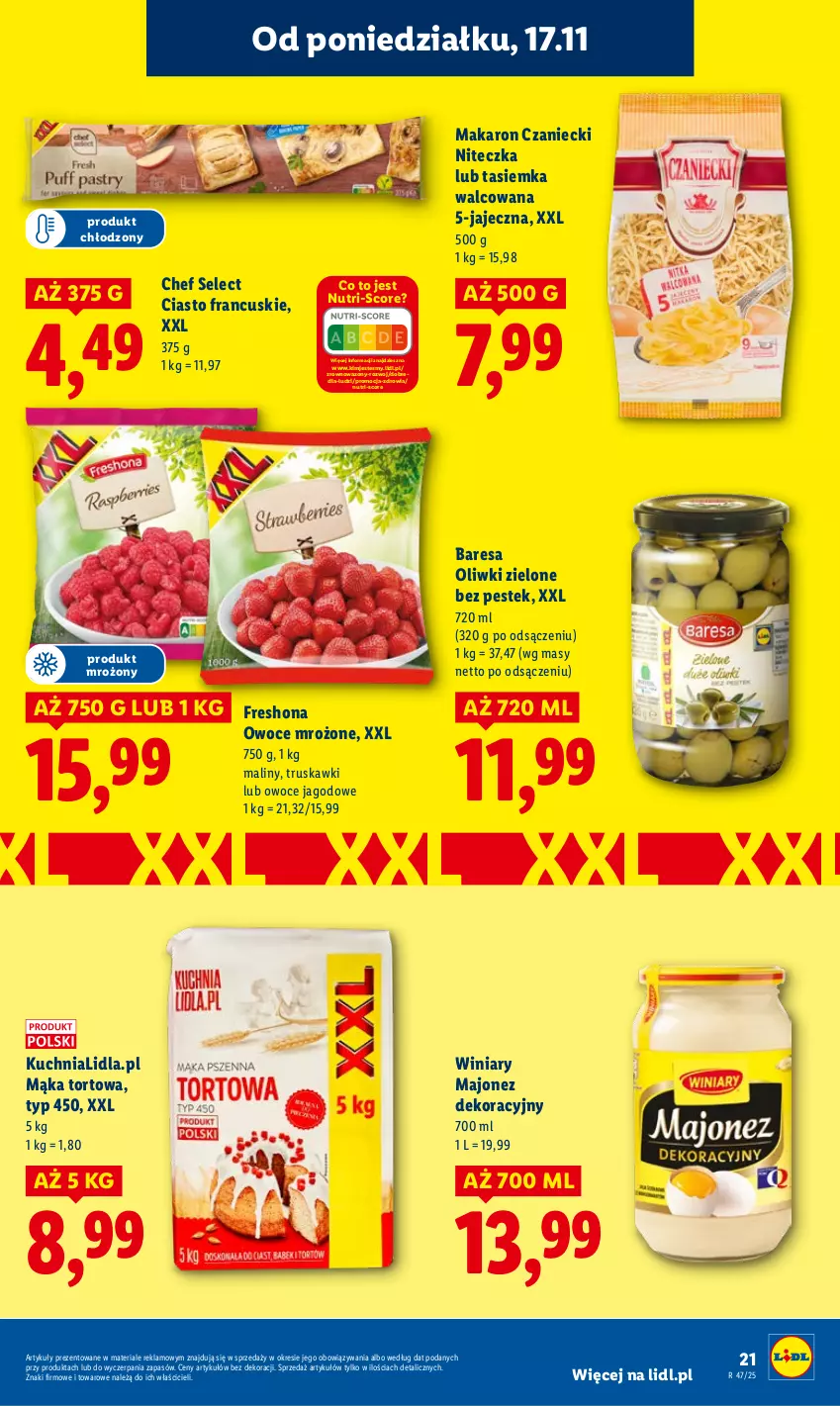 Gazetka promocyjna Lidl - GAZETKA - ważna 17.11 do 19.11.2025 - strona 21 - produkty: Ciasto francuskie, Kuchnia, Majonez, Mąka, Mąka tortowa, Makaron, Maliny, Oliwki, Oliwki zielone, Owoce, Stek, Truskawki, Wazon, Winiary