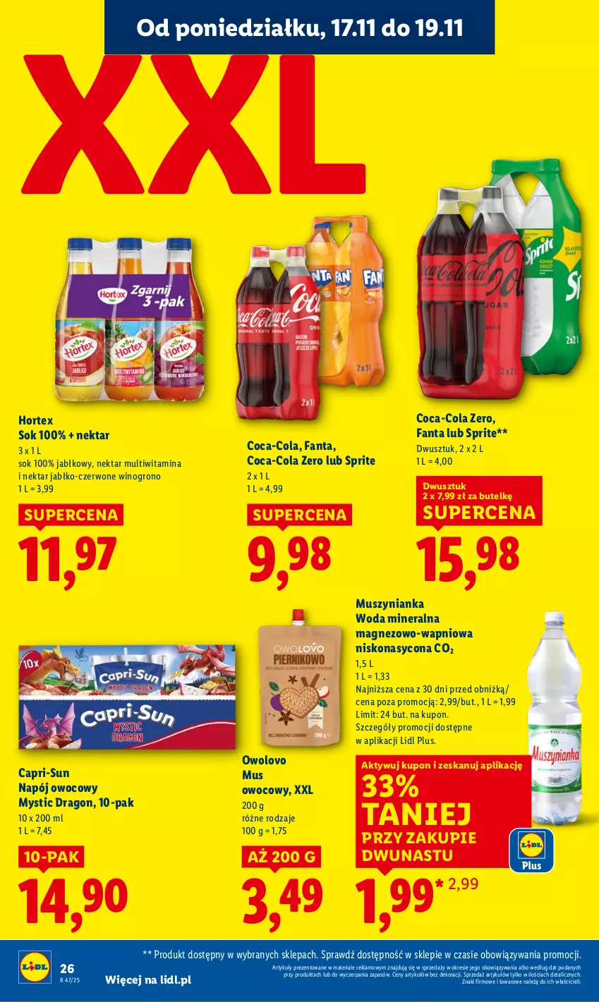Gazetka promocyjna Lidl - GAZETKA - ważna 17.11 do 19.11.2025 - strona 26 - produkty: Coca-Cola, Fa, Fanta, Hortex, Magnez, Mus, Muszynianka, Napój, Nektar, Sok, Sprite, Wino, Woda, Woda mineralna