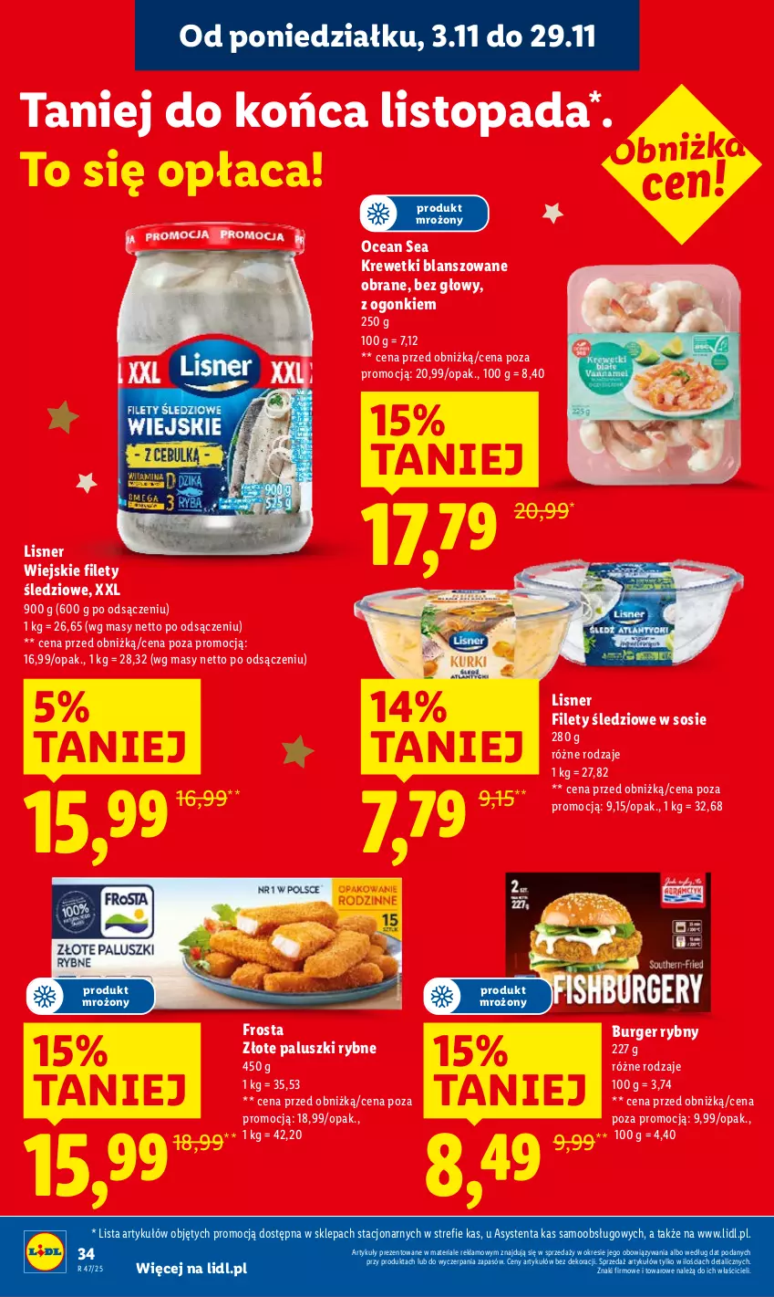 Gazetka promocyjna Lidl - GAZETKA - ważna 17.11 do 19.11.2025 - strona 34 - produkty: Burger, Frosta, Krewetki, Lisner, Paluszki rybne, Sos, Top
