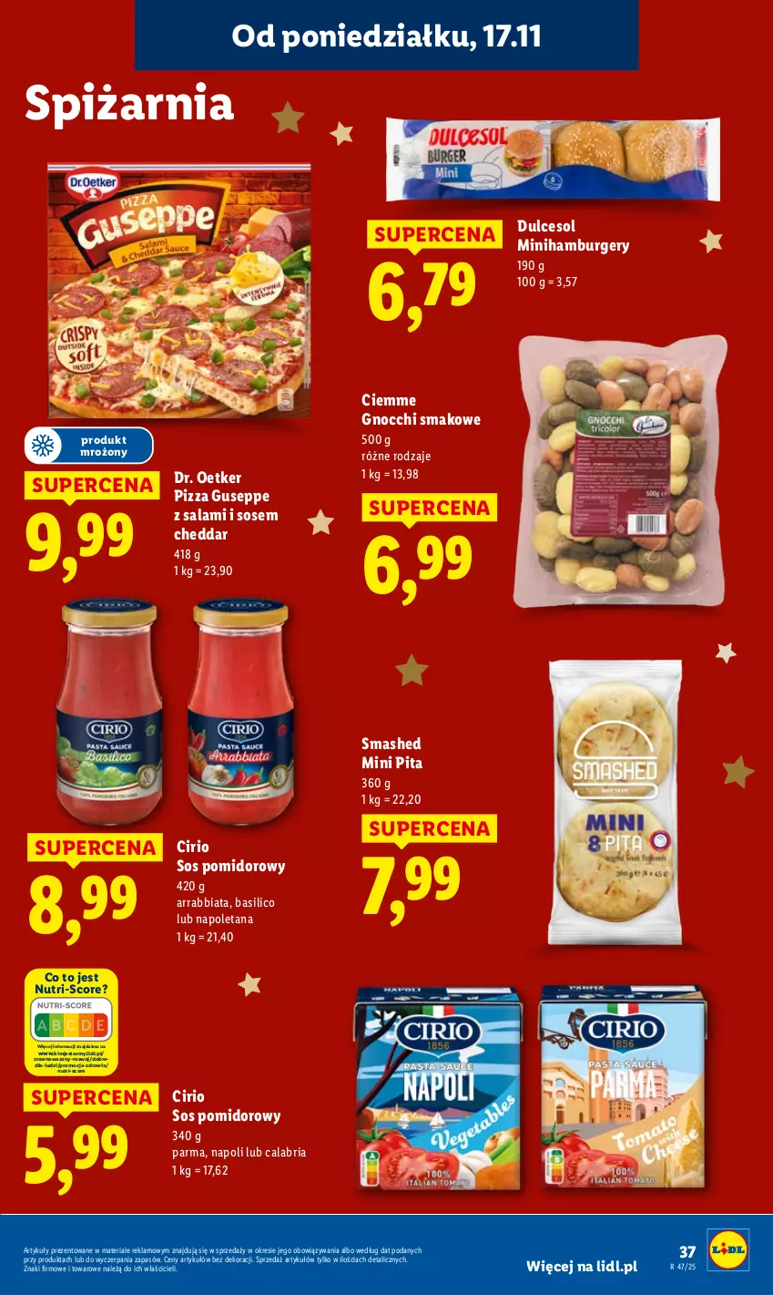 Gazetka promocyjna Lidl - GAZETKA - ważna 17.11 do 19.11.2025 - strona 37 - produkty: Burger, Cheddar, Dr. Oetker, Gnocchi, Hamburger, Pizza, Salami, Sos, Sos pomidorowy, Wazon