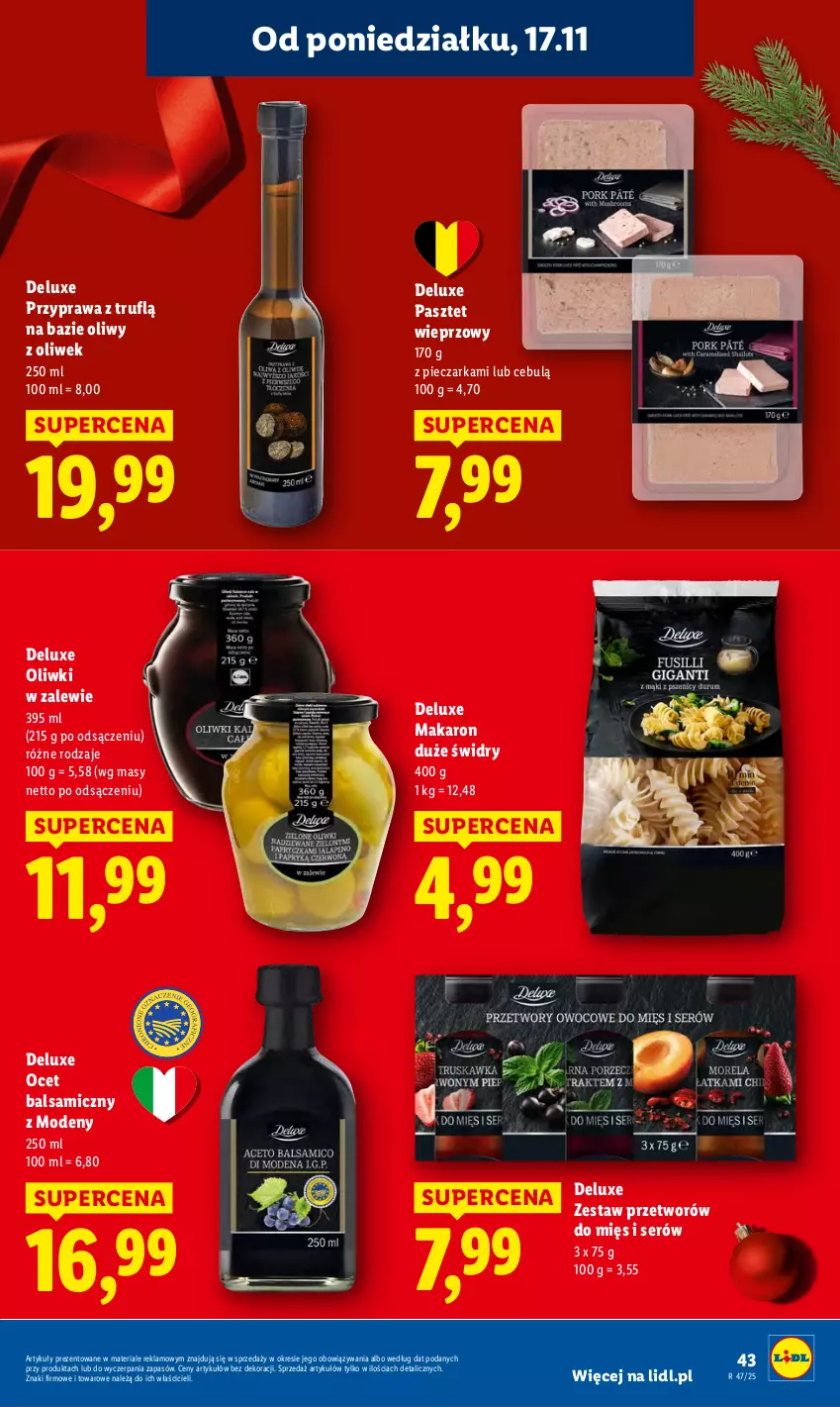 Gazetka promocyjna Lidl - GAZETKA - ważna 17.11 do 19.11.2025 - strona 43 - produkty: Makaron, Ocet, Ocet balsamiczny, Oliwki, Pasztet, Piec, Pieczarka, Ser