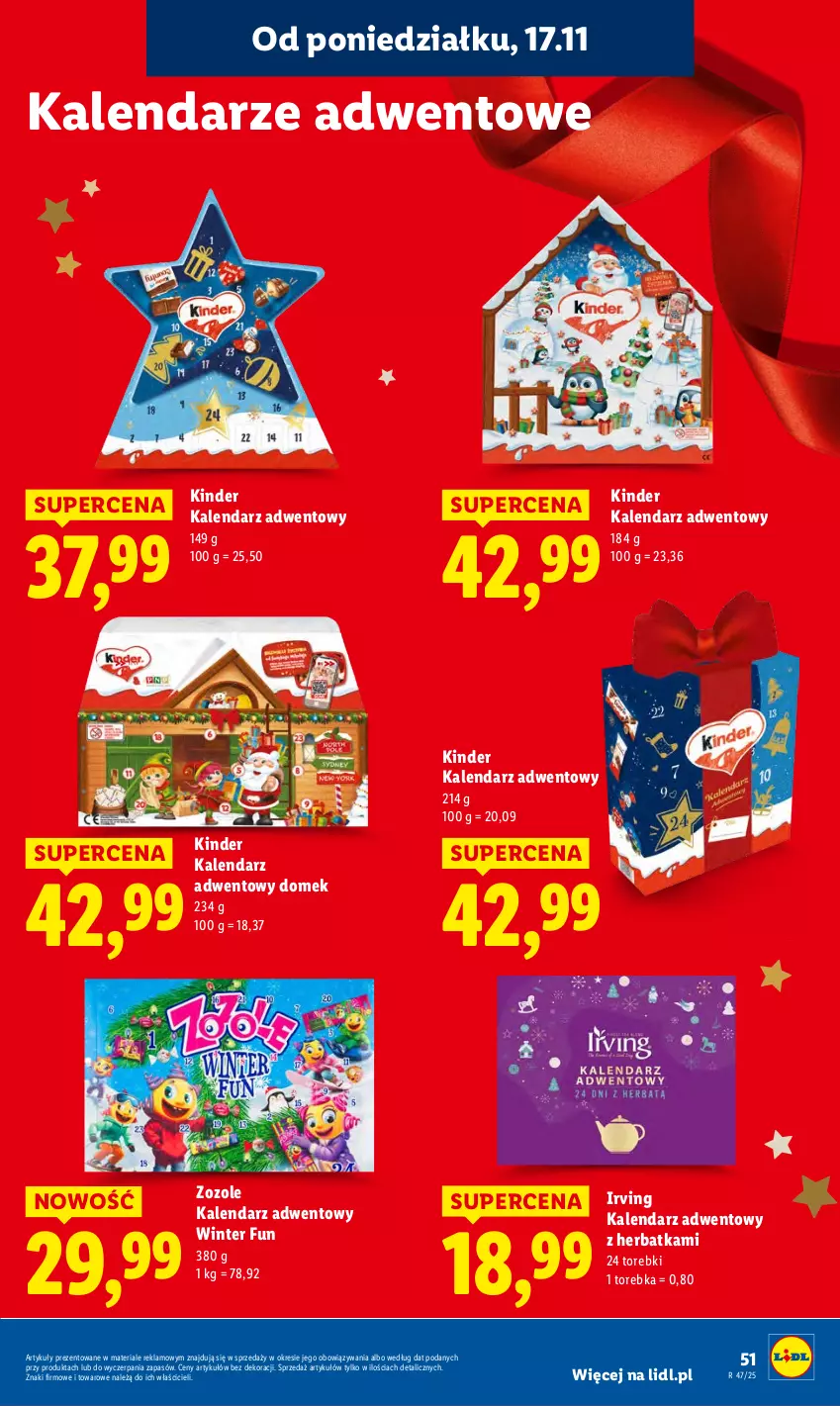 Gazetka promocyjna Lidl - GAZETKA - ważna 17.11 do 19.11.2025 - strona 51 - produkty: Irving, Kalendarz, Kalendarz adwentowy, Kinder, Torebka