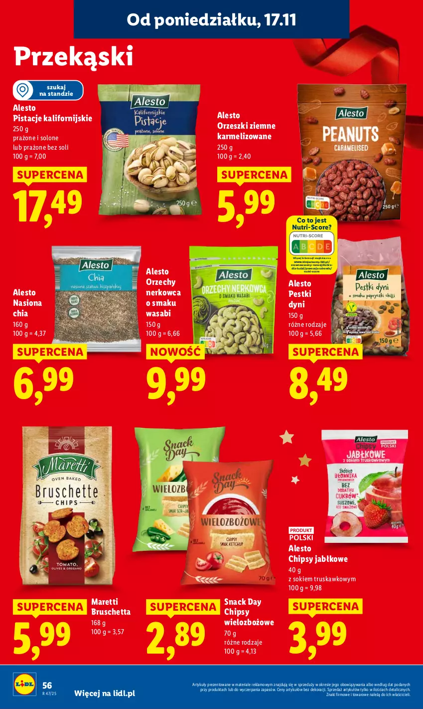 Gazetka promocyjna Lidl - GAZETKA - ważna 17.11 do 19.11.2025 - strona 56 - produkty: Chia, Chipsy, O nas, Orzeszki, Orzeszki ziemne, Pestki dyni, Pistacje, Sok, Wasa, Wazon