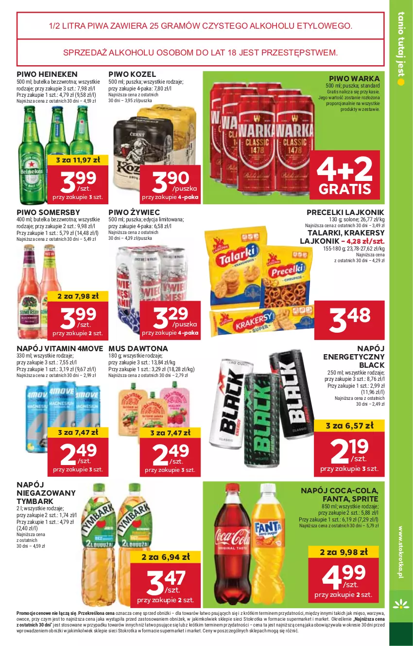 Gazetka promocyjna Stokrotka - Supermarket - ważna 12.06 do 16.06.2025 - strona 13 - produkty: Coca-Cola, Dawtona, Fa, Fanta, Gra, Heineken, Kozel, Krakersy, Lack, Lajkonik, Mięso, Mus, Napój, Napój energetyczny, Napój niegazowany, Owoce, Piwa, Piwo, Por, Precelki, Somersby, Sprite, Tymbark, Warka, Warzywa