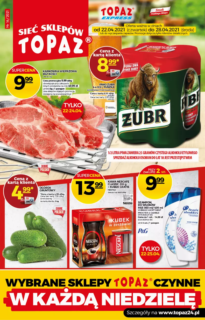 Gazetka promocyjna Topaz - Gazetka - ważna 22.04 do 28.04.2021 - strona 1 - produkty: Gra, Grunt, Karkówka wieprzowa, Kawa, Kubek, Ogórek, Piwo, Top