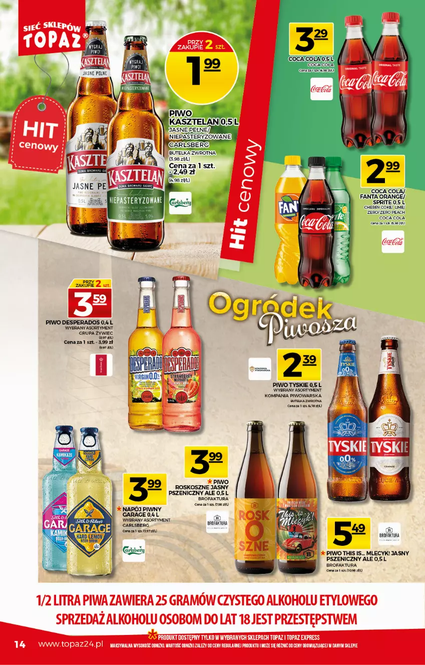 Gazetka promocyjna Topaz - Gazetka - ważna 22.04 do 28.04.2021 - strona 14 - produkty: Desperados, Fa, Fanta, Kosz, Piwo, Sprite, Tyskie