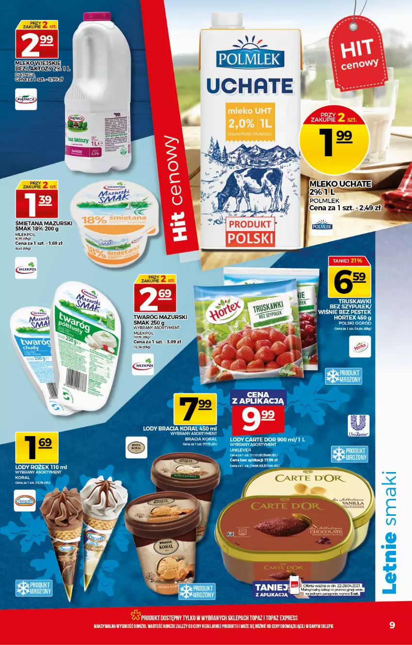 Gazetka promocyjna Topaz - Gazetka - ważna 22.04 do 28.04.2021 - strona 9 - produkty: Mleko, Ogród, Piątnica, POLMLEK, Truskawki, Twaróg