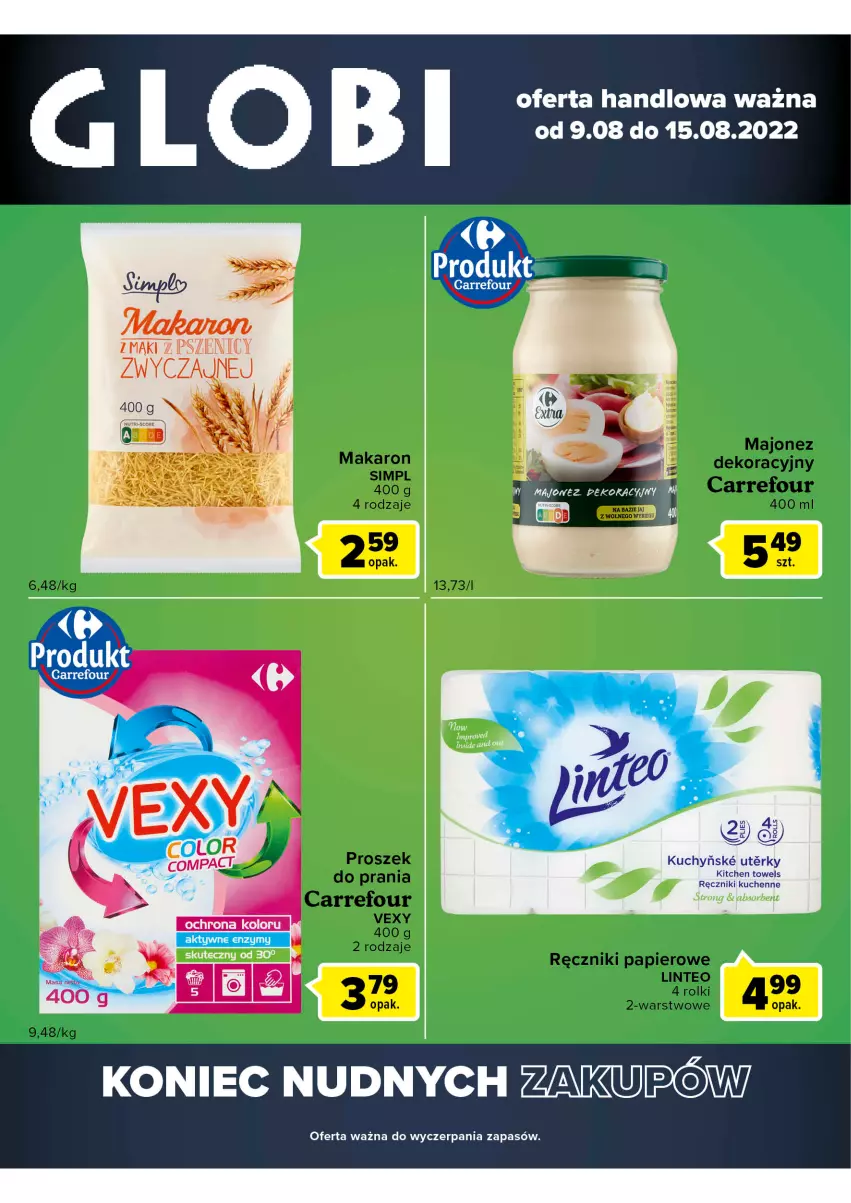 Gazetka promocyjna Carrefour - Gazetka Globi - ważna 09.08 do 15.08.2022 - strona 2 - produkty: Majonez, Makaron, Papier, Proszek do prania, Ręcznik, Ręczniki papierowe, Rolki