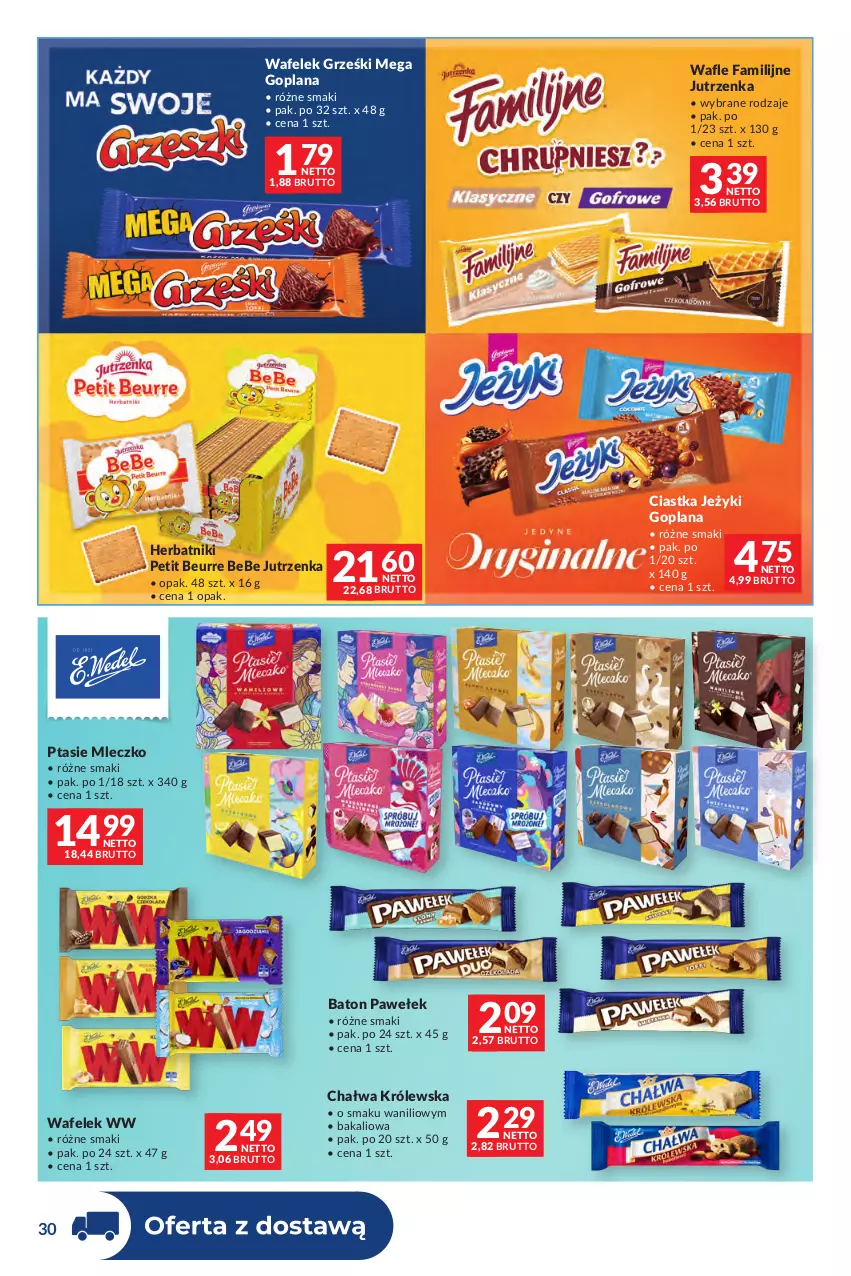 Gazetka promocyjna Makro - Dystrybucja do sklepów - ważna 29.09 do 26.10.2026 - strona 30 - produkty: Baton, Chałwa, Ciastka, Fa, Goplana, Grześki, Herbatniki, Herbatniki Petit Beurre, Jeżyki, Jutrzenka, LANA, Mleczko, Ptasie mleczko, Wafelek, Wafle
