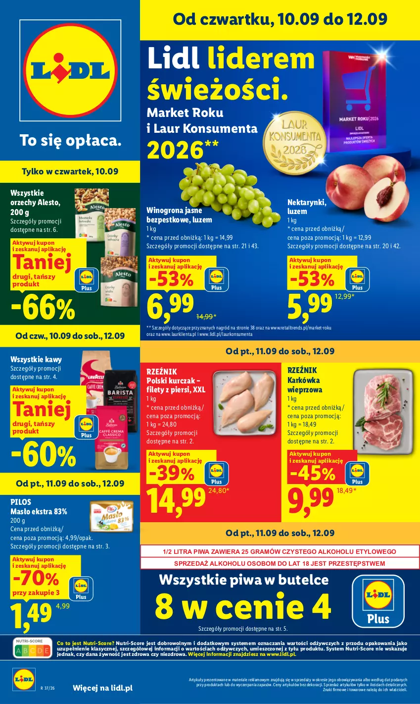 Gazetka promocyjna Lidl - Gazetka ważna od 10.09 do 12.09 - ważna 10.09 do 12.09.2026 - strona 1 - produkty: Gra, Karkówka wieprzowa, Kurczak, Laur, Masło, Nektar, Pilos, Piwa, Wino, Winogrona